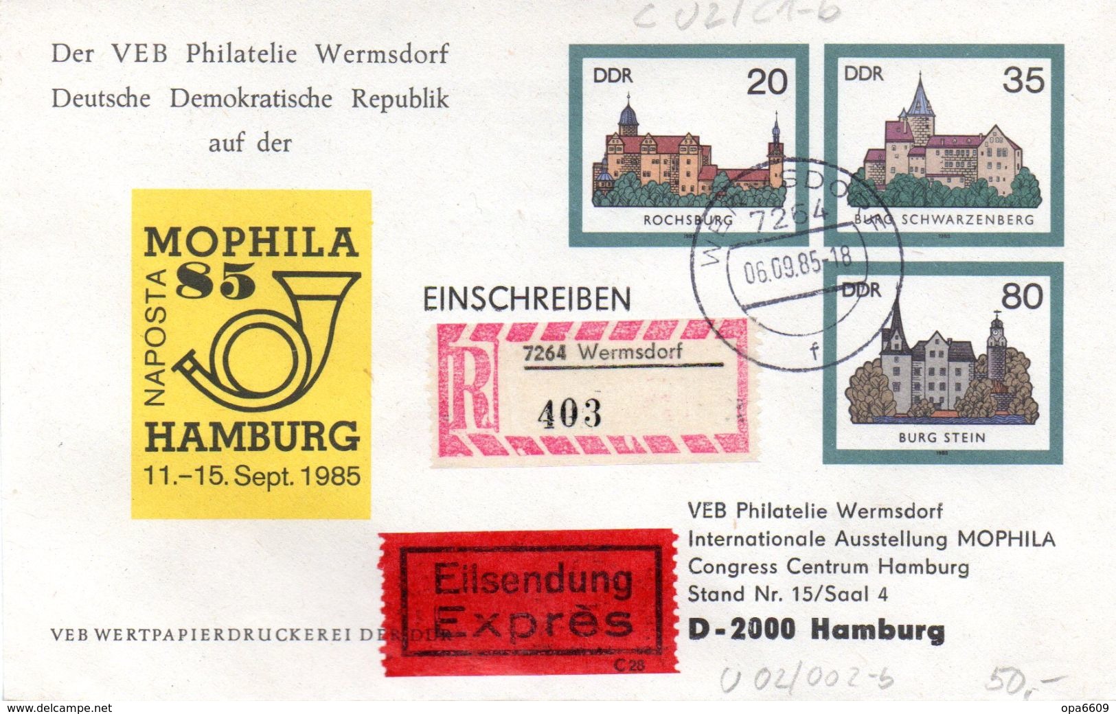 DDR Privatganzs.-Umschlag  PU U02/002-b "Burgen Und Schlösser M.ZD Zur Naposta MOPHILA'85" HAMBURG TSt 6.9.85 - Enveloppes Privées - Oblitérées