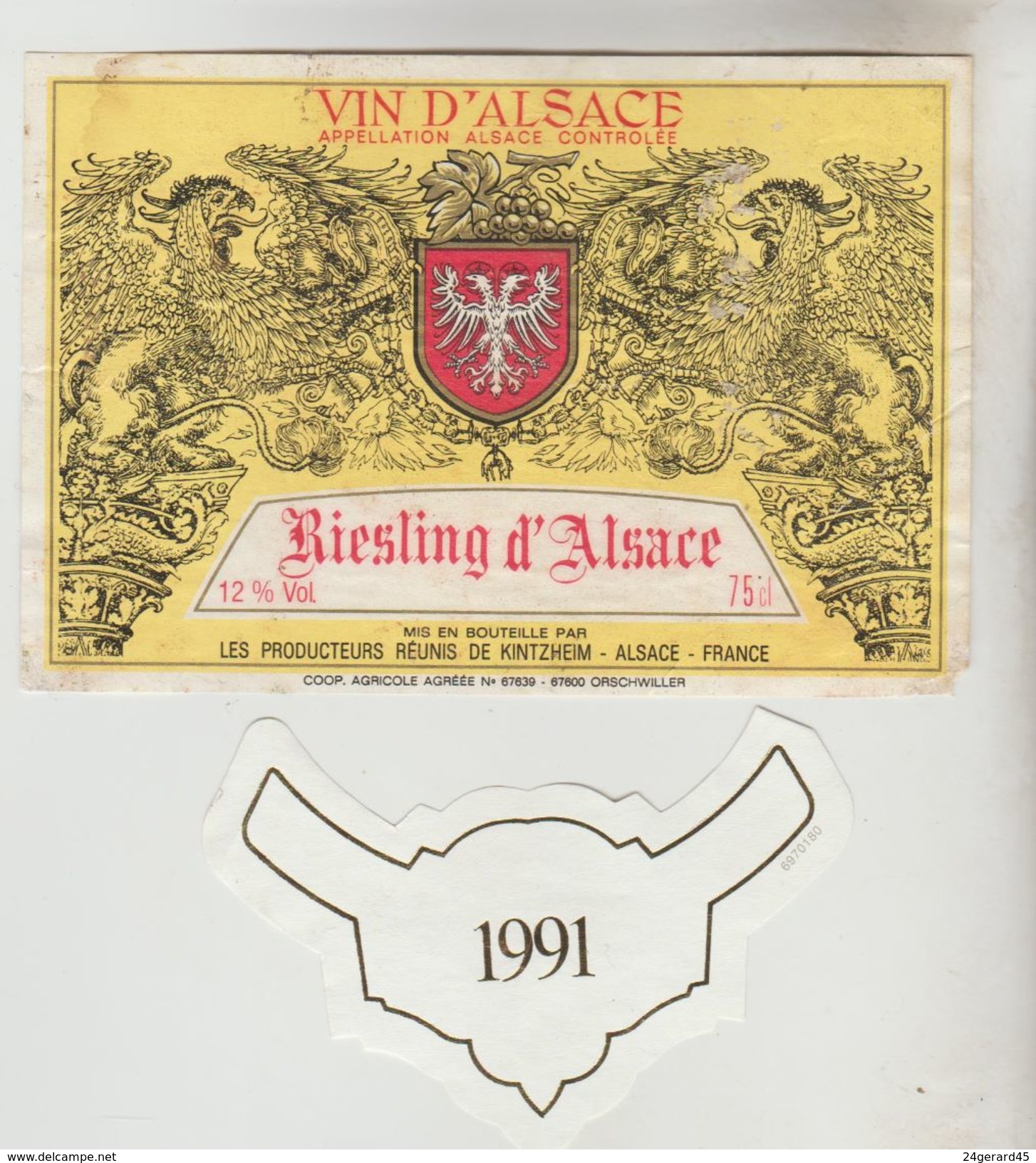 OENOPHILIE 3 ETIQUETTES VINS D'ALSACE - Riesling Eguisheim 2008, Bestheim 2007, Kintzheim 1991 + Photo Bouteille - Riesling