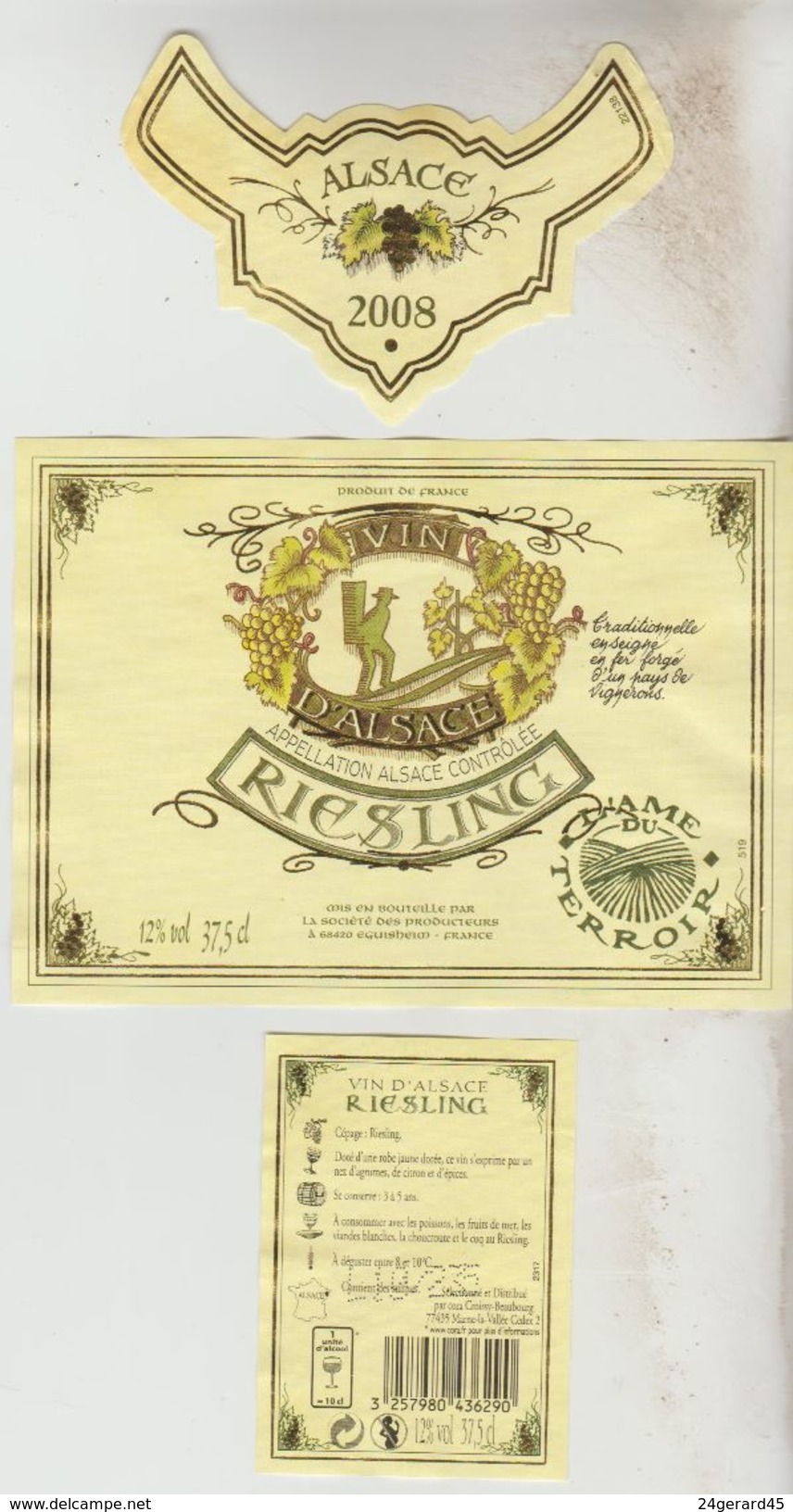 OENOPHILIE 3 ETIQUETTES VINS D'ALSACE - Riesling Eguisheim 2008, Bestheim 2007, Kintzheim 1991 + Photo Bouteille - Riesling