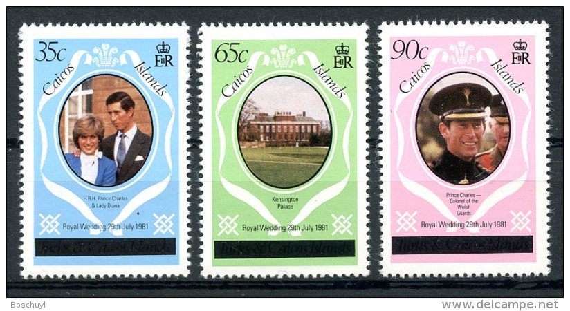 Caicos Islands, 1981, Royal Wedding Charles And Diana, MNH Overprinted, Michel 8-10 - Turks And Caicos