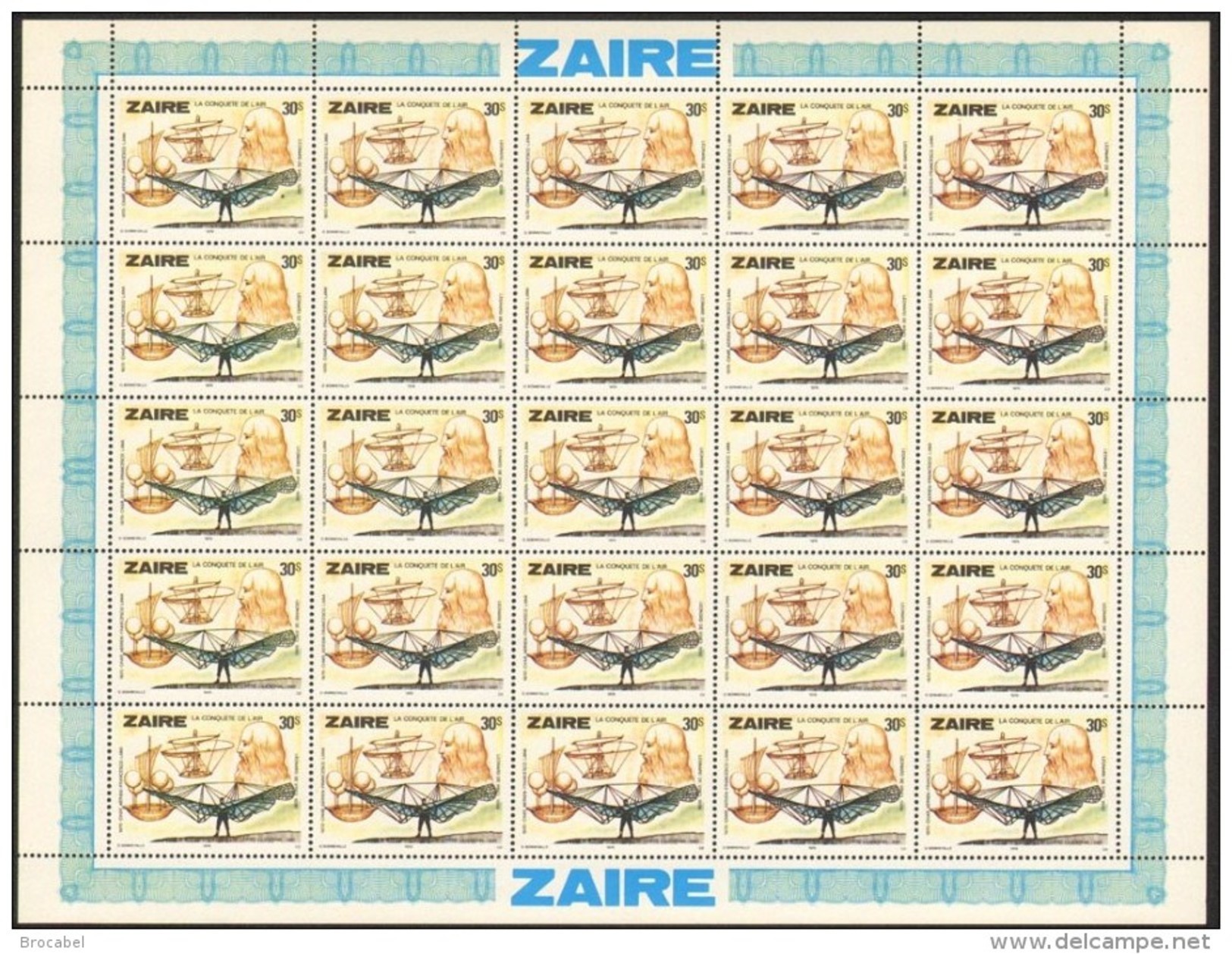 Zaire 0941** 30s Feuille / Bogen / Sheet De 25 MNH - Aviation Léonard De Vinci - Neufs