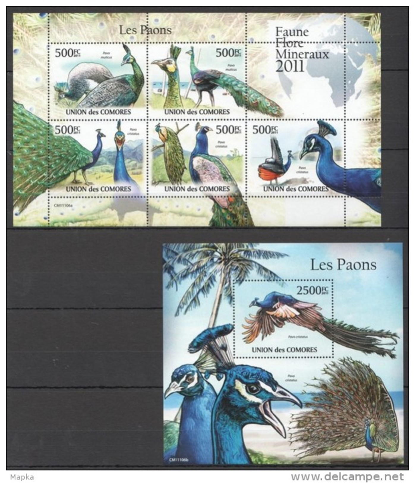 J382 2011 UNION DES COMORES FAUNE FLORE MINERAUX BIRDS LES PAONS KB+BL MNH - Pfauen