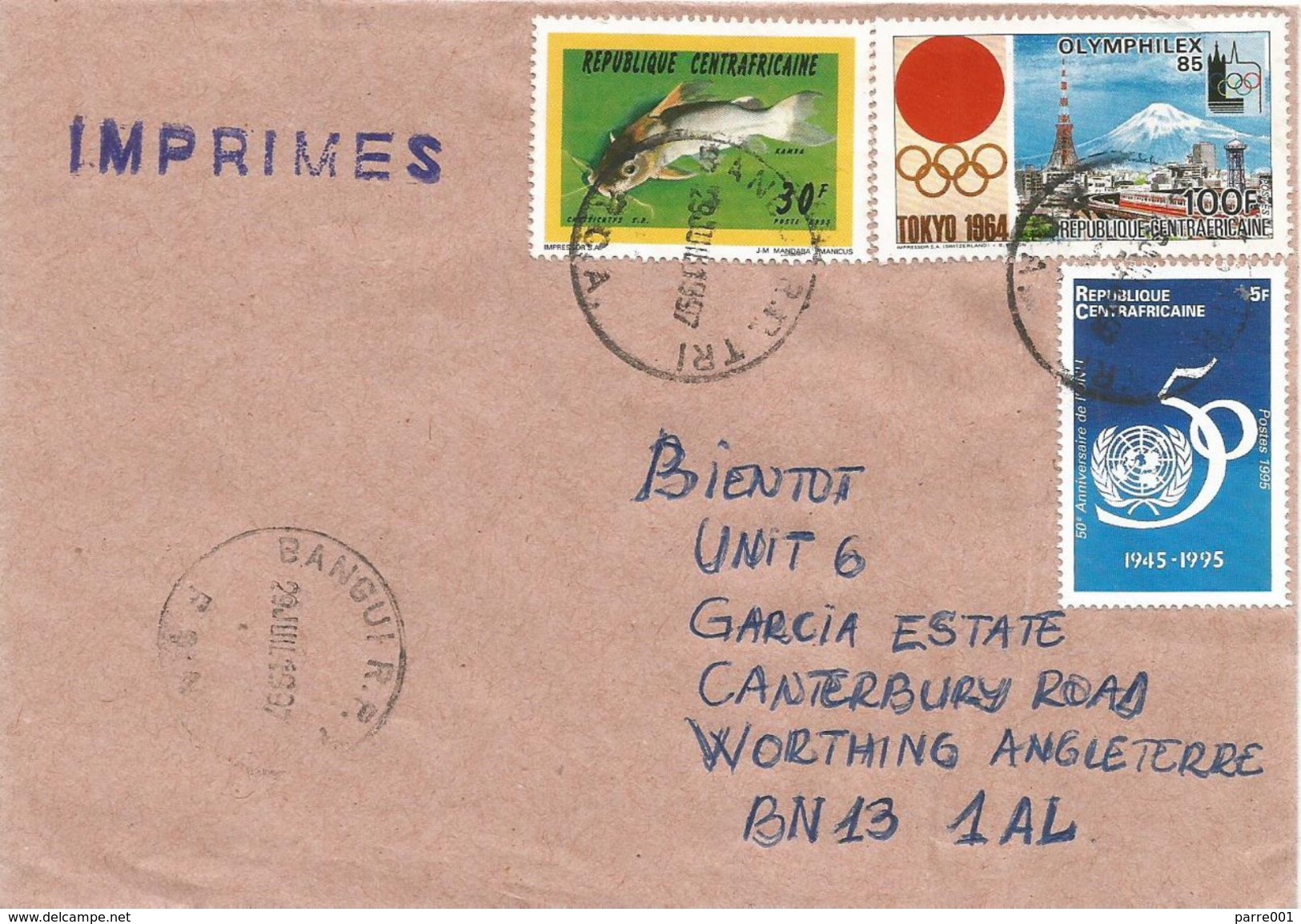 Centrafrique RCA CAR 1997 Bangui Chrysichthys Claroteid Catfish Freshwater Tokyo Olympics UN Cover - Centraal-Afrikaanse Republiek