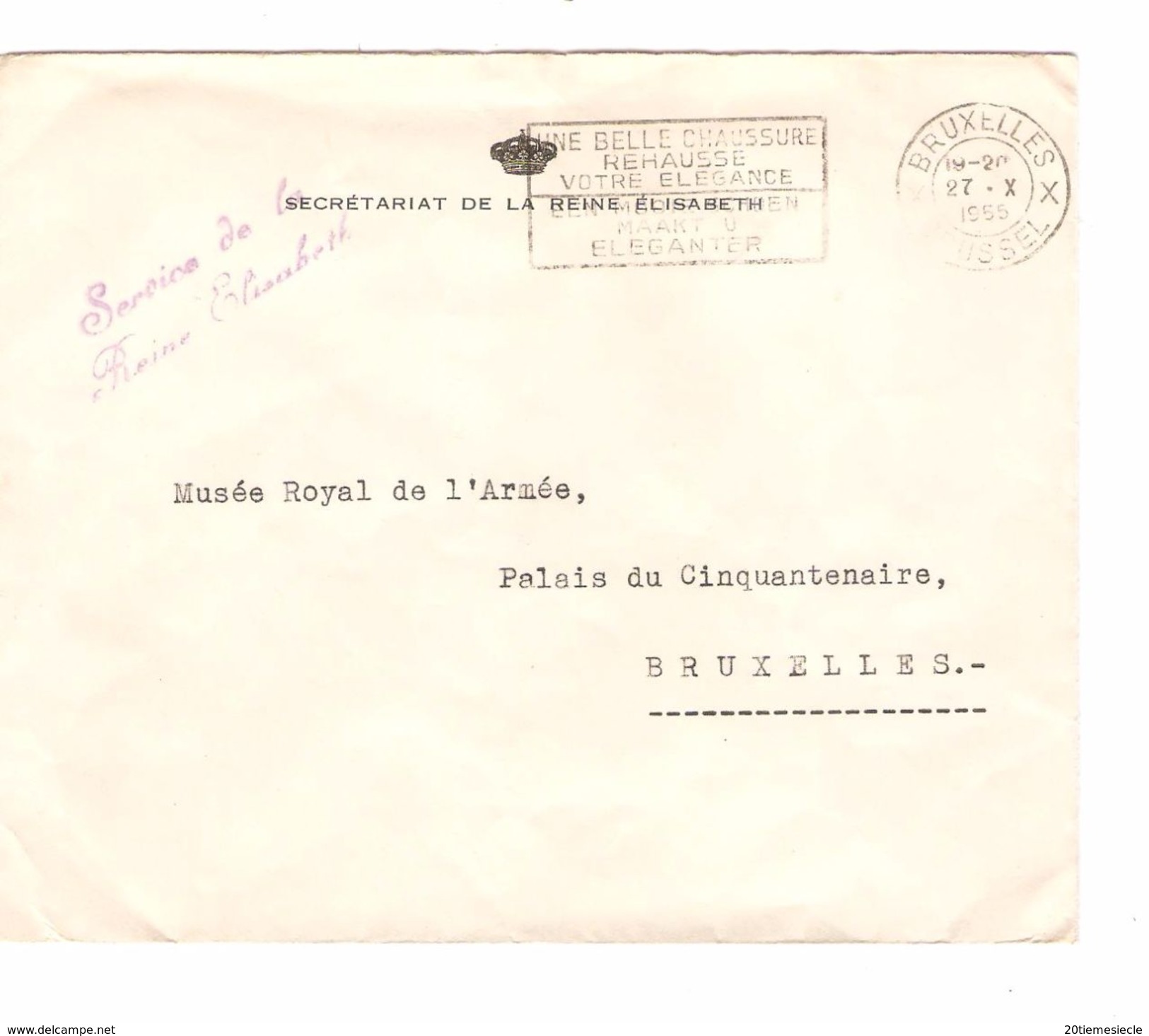 Lettre En Franchise Sevrétariat De La Reine Elisabeth Griffe Service De La Reine Elisabeth C.BXL 1955 AP1127 - Franchise