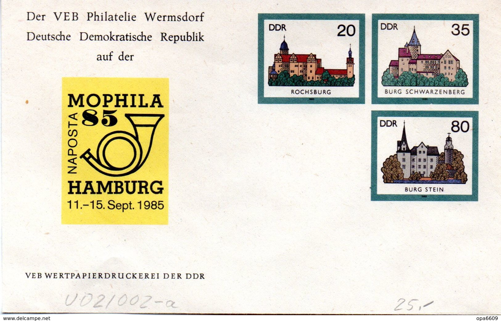 DDR Privatganzs.-Umschlag  PU U02/002-a"Burgen Und Schlösser M.ZD Zur NAPOSTA MOPHILA'85" Ungebraucht - Privé Briefomslagen - Ongebruikt
