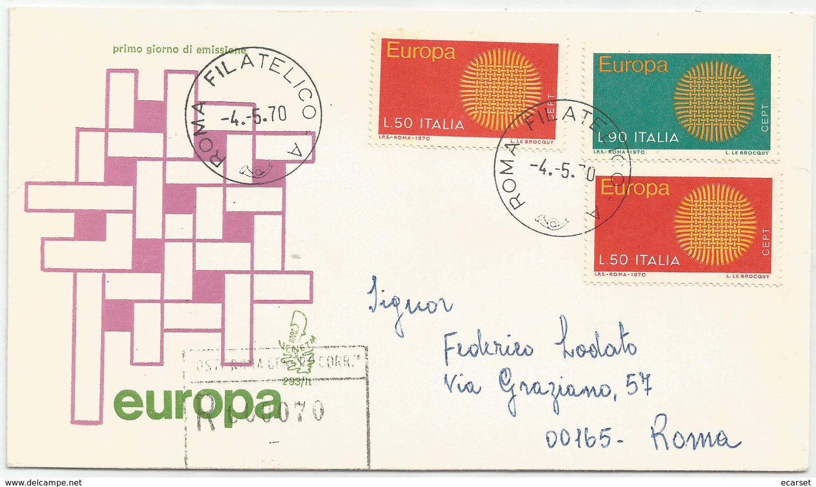 EUROPA CEPT - 1970 - FDC VENETIA 293/it - ANNULLO ROMA - VIAGGIATA PER RACCOMANDATA - FDC