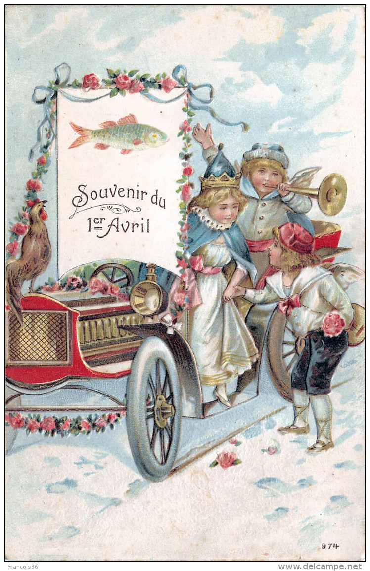 CPA Fantaisie - Souvenir Du 1er Avril Poisson - Automobile Enfants Anges Coq - April Fool's Day