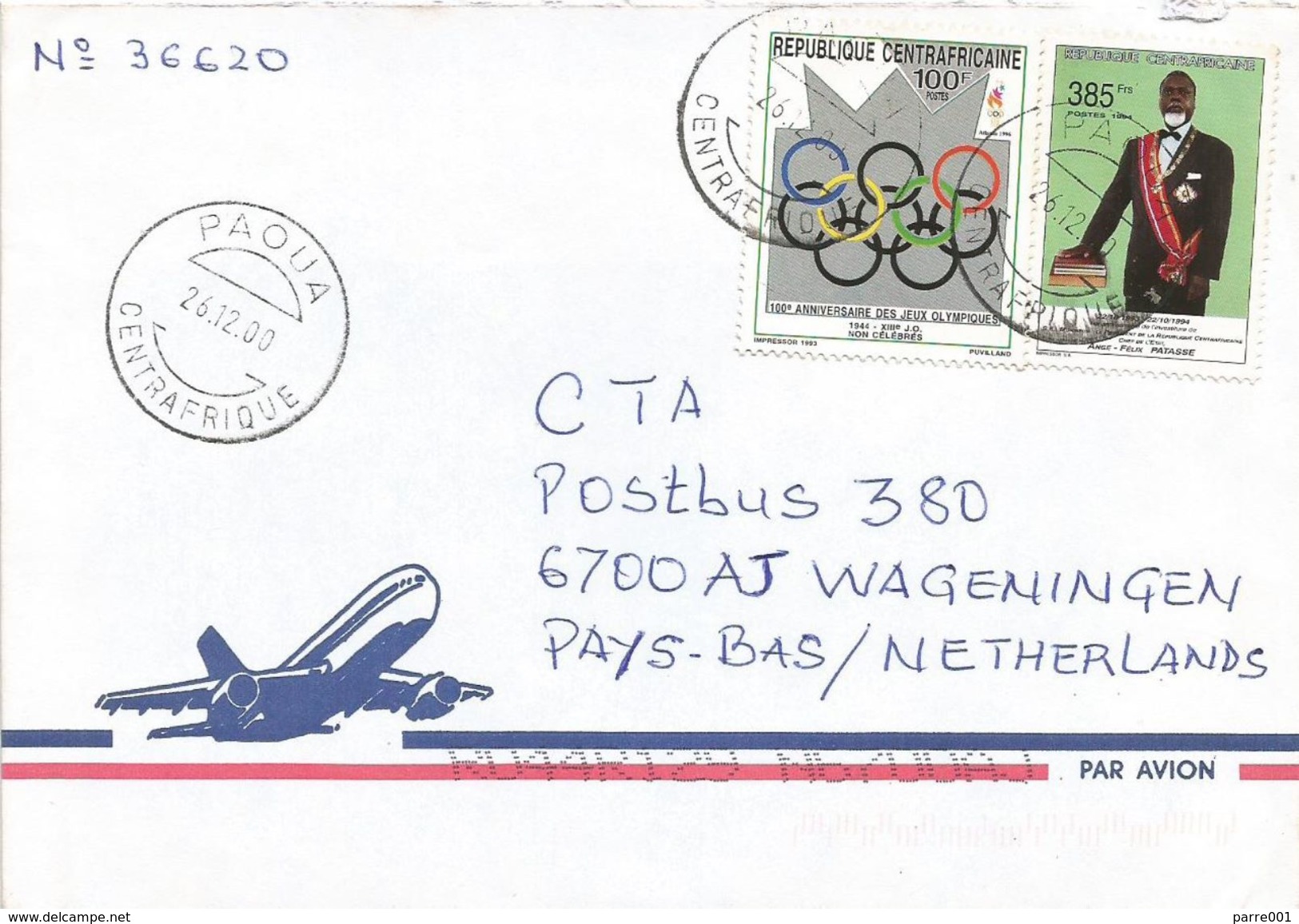 Centrafrique RCA CAR 2000 Paoua President Patasse 385f Olympic Games Atalanta Cover - Centrafricaine (République)