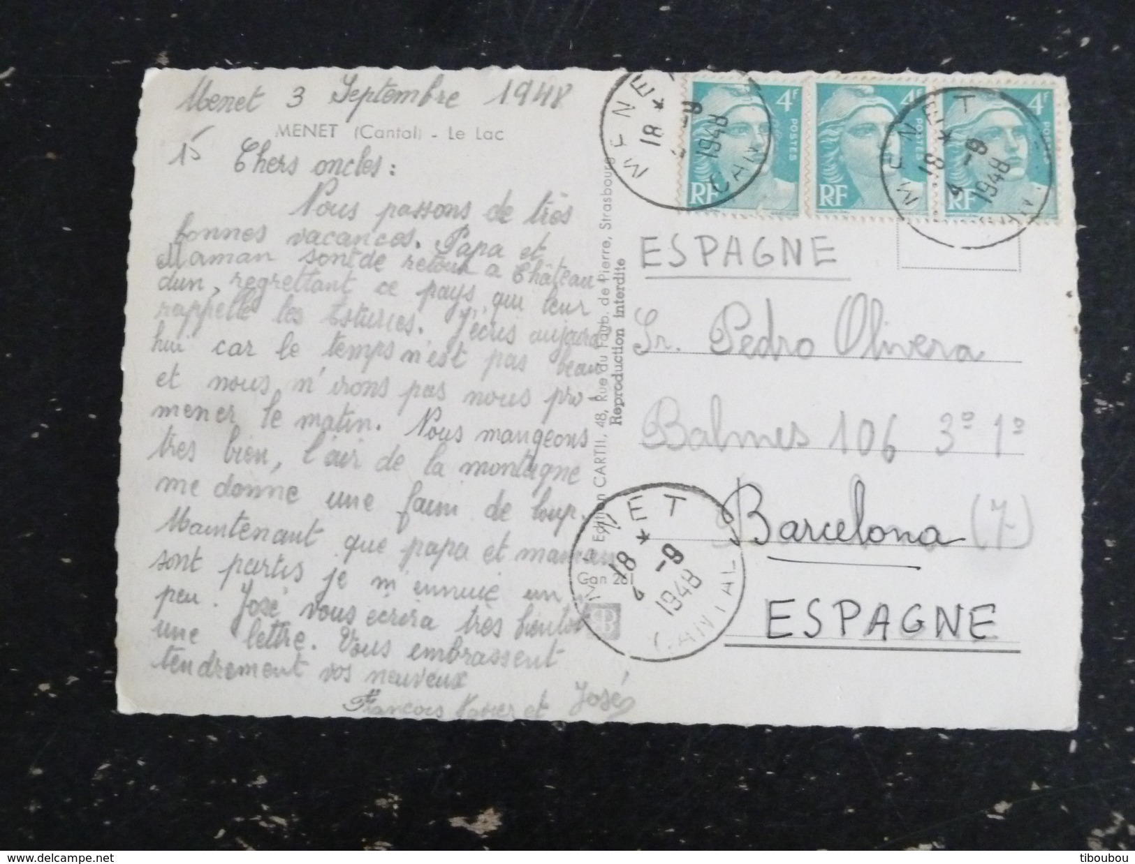 MENET - CANTAL - CACHET ROND MANUEL SUR MARIANNE GANDON POUR ESPAGNE - LE LAC - Manual Postmarks