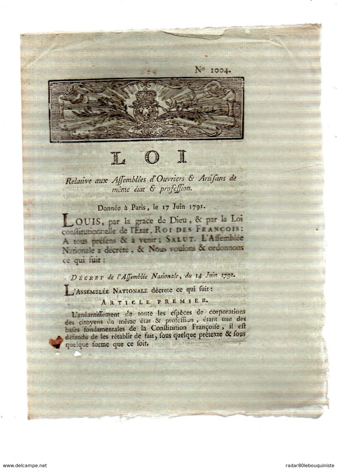 LOI Relative Aux Assemblées D'ouvriers & Artisans De Même état & Profession.17 Juin 1791.CARON Imp.AMIENS.4 Pages - Documents Historiques