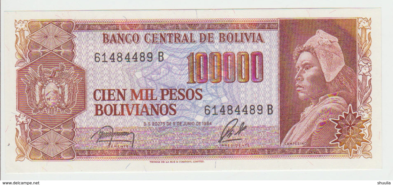 Bolivia 100000 Bolivianos 1984  Pick 171 UNC - Bolivia