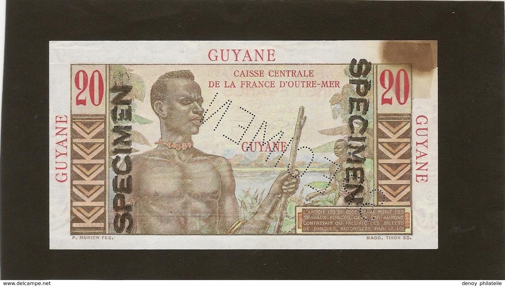 Guyanne Billet De Vingt Francs Specimen Neuf Avec Une Tache Ou  Brulure TB - Guyana Francesa