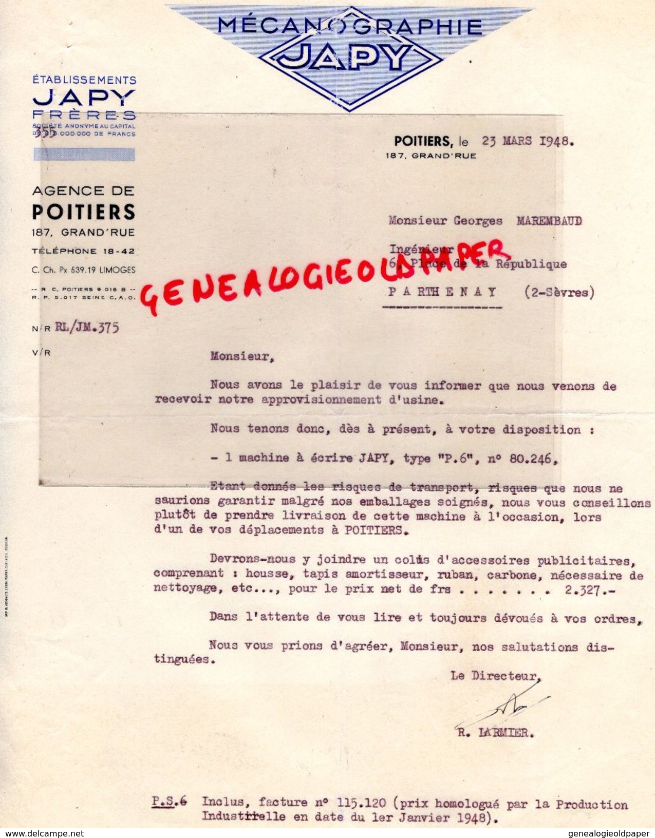 86- POITIERS- FACTURE MECANOGRAPHIE JAPY FRERES- 187 GRAND ' RUE - 1948 - Drukkerij & Papieren
