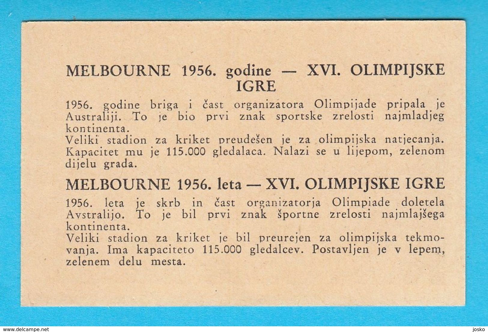 Yugoslavian Vintage Card OLYMPIC GAMES MELBOURNE 1956 - OLYMPIC STADIUM (Australia) * Jeux Olympiques Olympiad Olympia - Trading Cards
