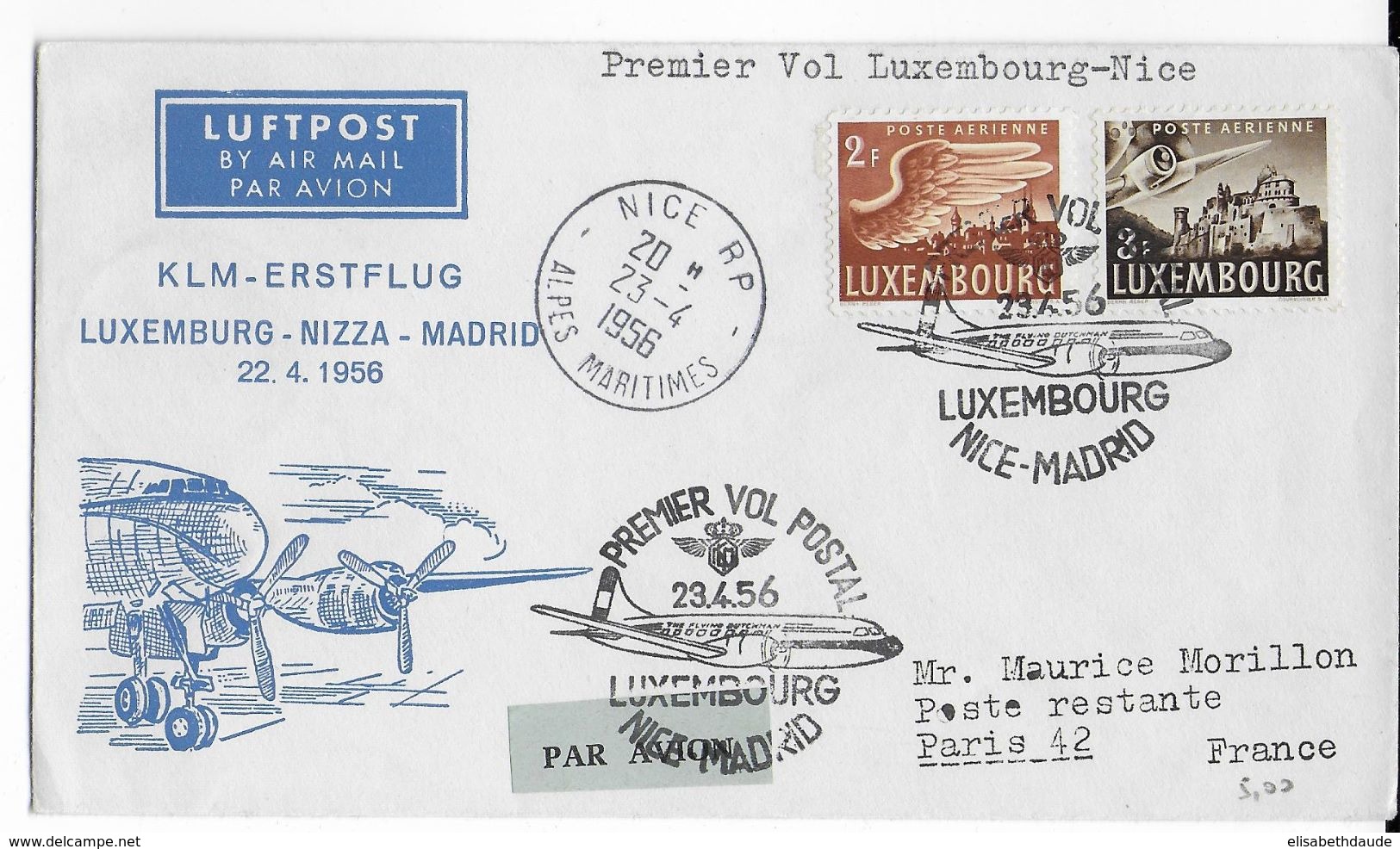 LUXEMBOURG - 1956 - ENVELOPPE Par AVION Avec 1° VOL LUXEMBOURG à NICE Puis MADRID - Cartas & Documentos