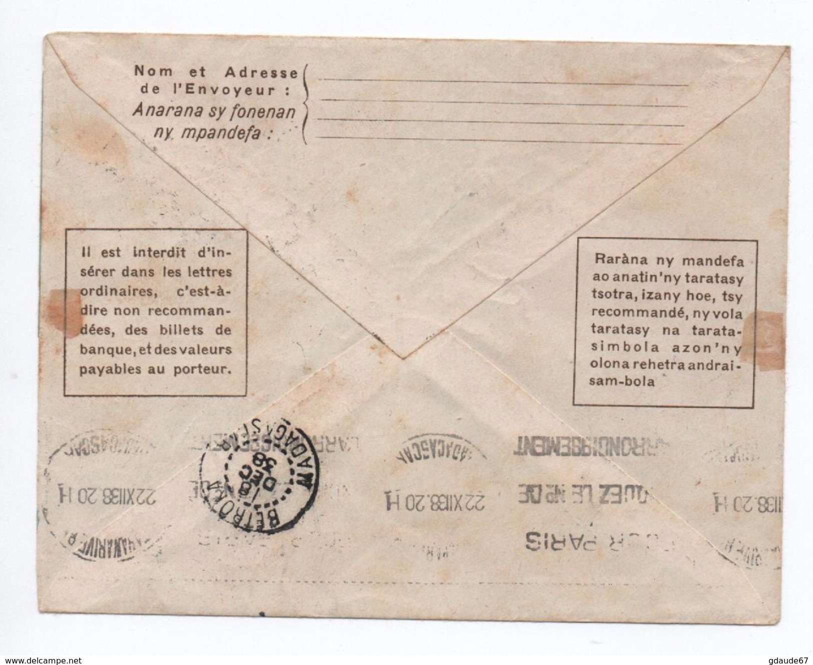 1938 - ENVELOPPE ENTIER POSTAL TSF De BEKILY (MADAGASCAR) - Lettres & Documents