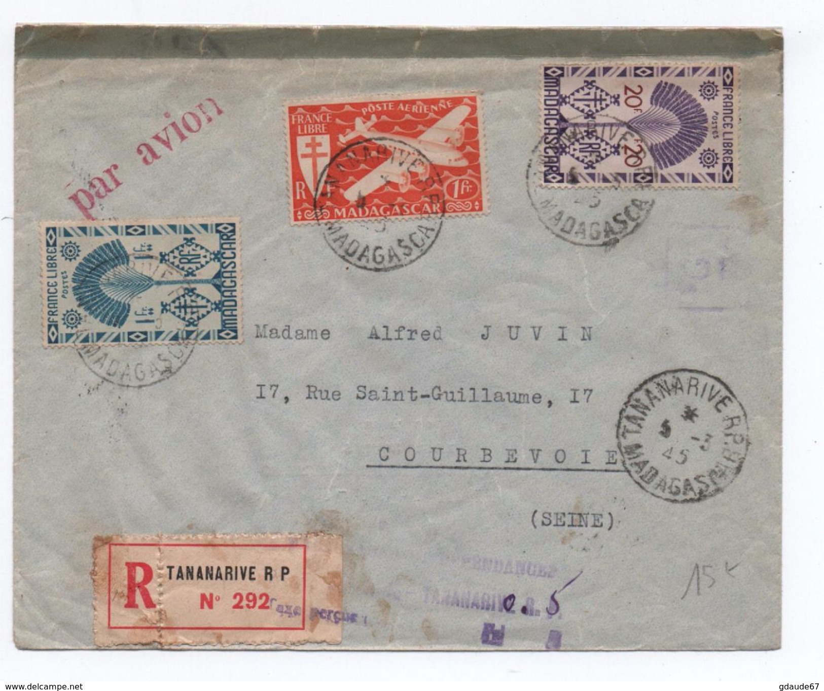 1945 - ENVELOPPE RECOMMANDE Avec TIMBRES FRANCE LIBRE De TANANARIVE (MADAGASCAR) -> TAXE - Storia Postale