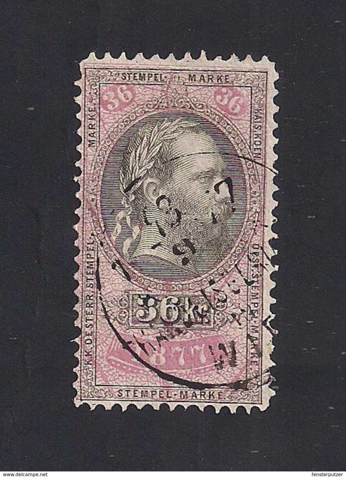 1 Austria Revenue 36 Kr. 1.1.1877 Weißes Papier - Mit WASSERZEICHEN - Revenue Stamps