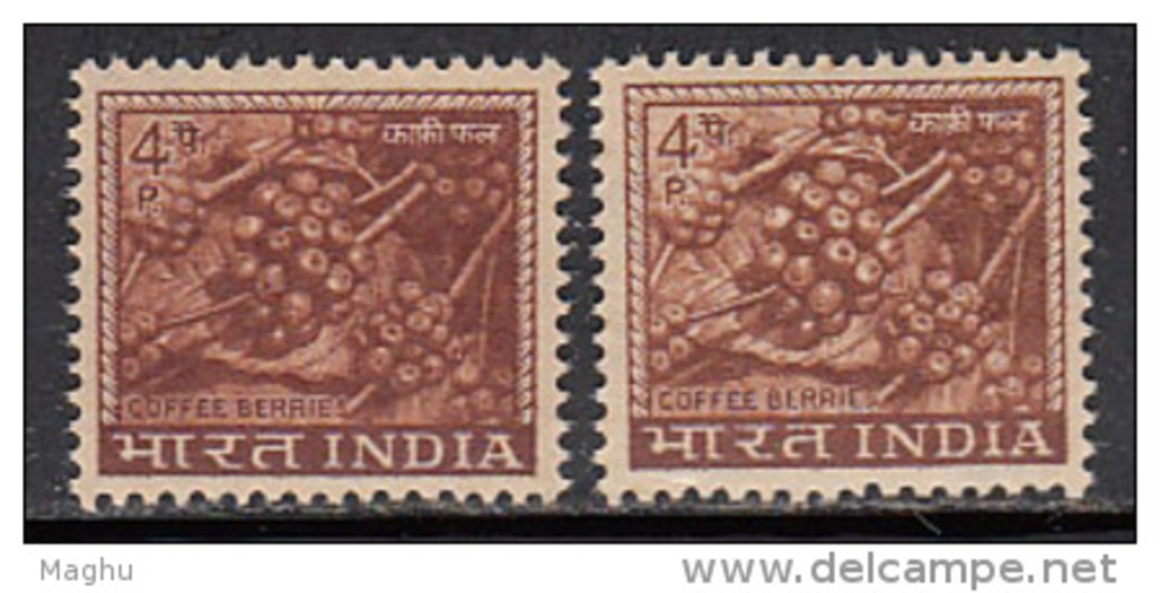 2 Diff., Shades, 10p Coffee Berries, Drink, MNH India 4th Definitive Sereis 1965 -1975, Plant - Unused Stamps
