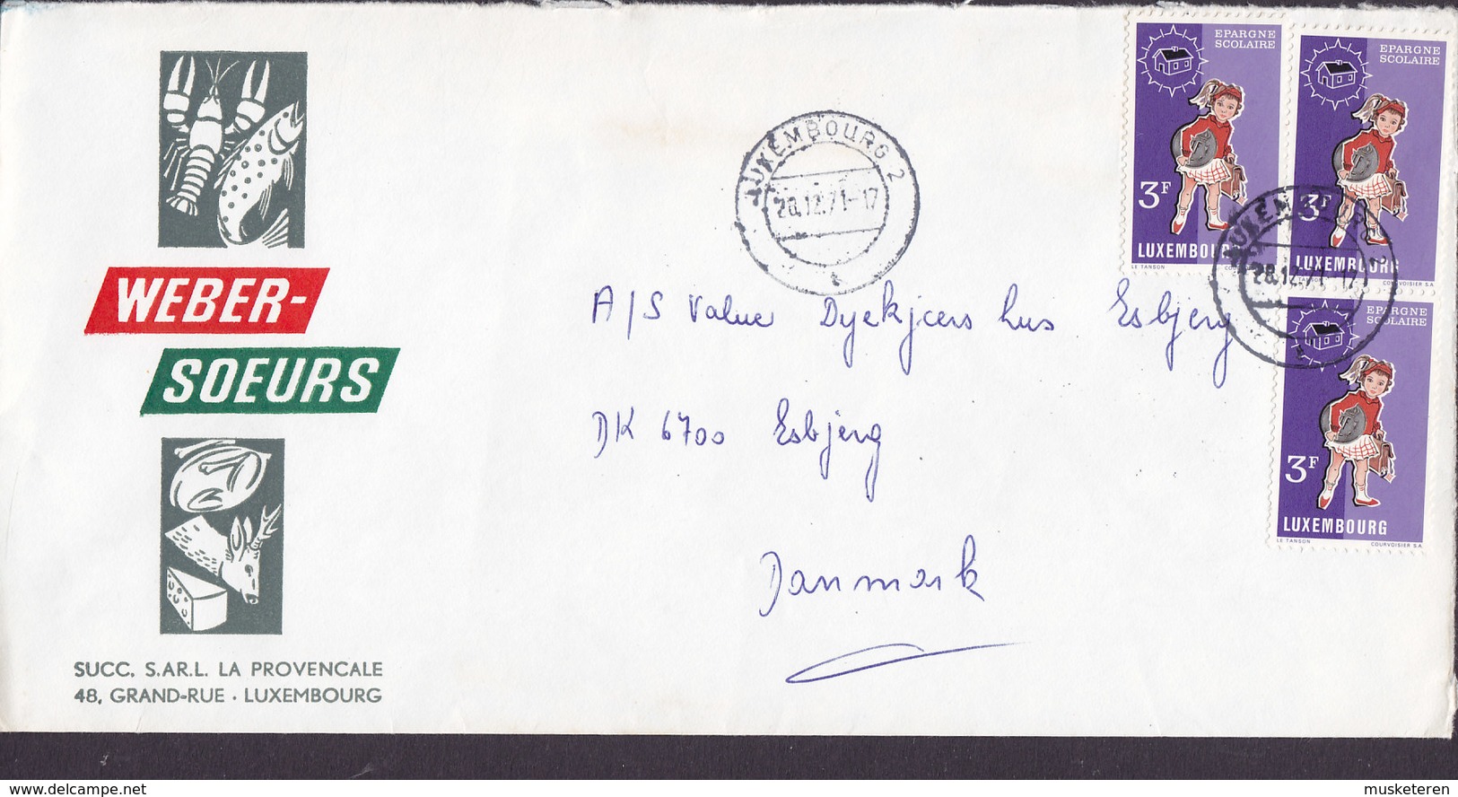 Luxembourg WEBER-SOEURS LUXEMBOURG 1971 Cover Brief ESBJERG Denmark 3x Epargne Scolaire Stamps - Covers & Documents