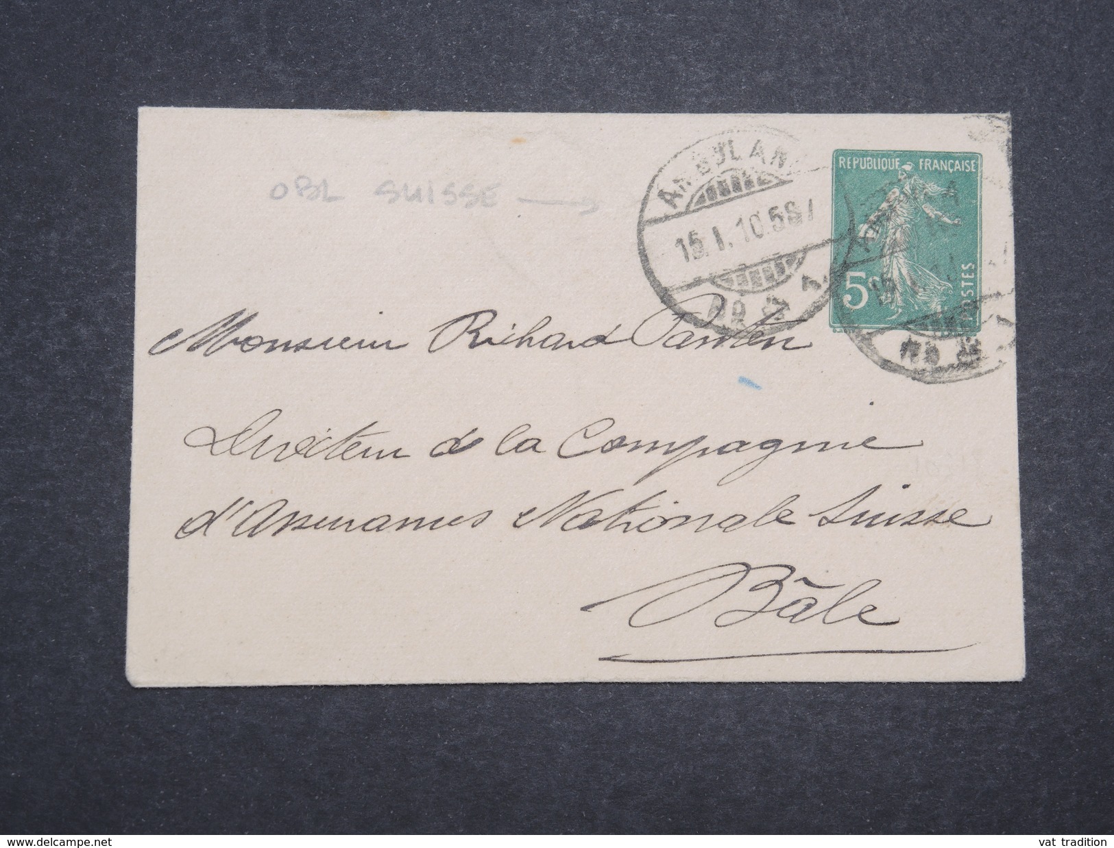 FRANCE - Entier Postal Type Semeuse Pour Bâle En 1910 , Oblitération Suisse - L 9947 - Standard- Und TSC-Briefe (vor 1995)