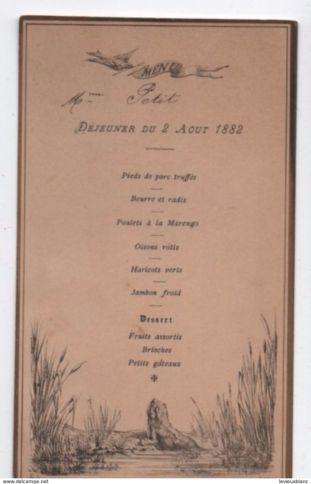 Menu / Déjeuner/ Madame PETIT/Gravure Oiseau Volant Et  Grenouille Dans Mare /Liseré Doré/ 1882      MENU212 - Menus