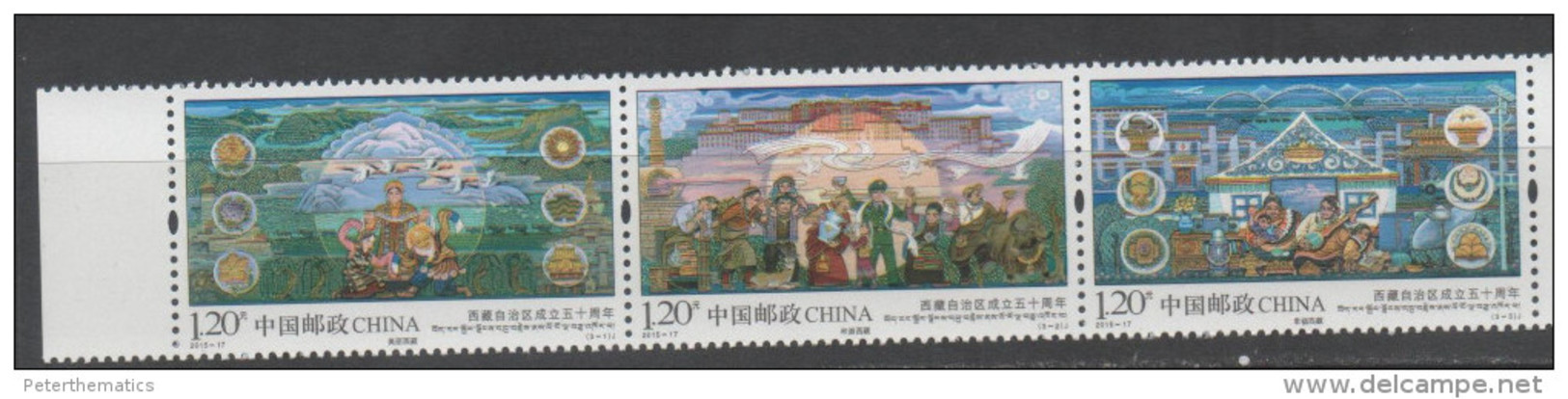 CHINA, 2015, MNH,FOUNDING OF TIBET REGION, MOUNTAINS, YAKS, BIRDS, TRAINS, 3v - Geography