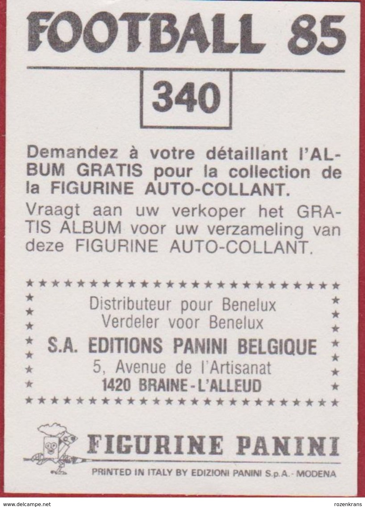 Panini Football Voetbal 85 1985 Sticker Nr. 340 Rudy Vanhengel THOR Waterschei Autocollant Belgie Belgique - Sports