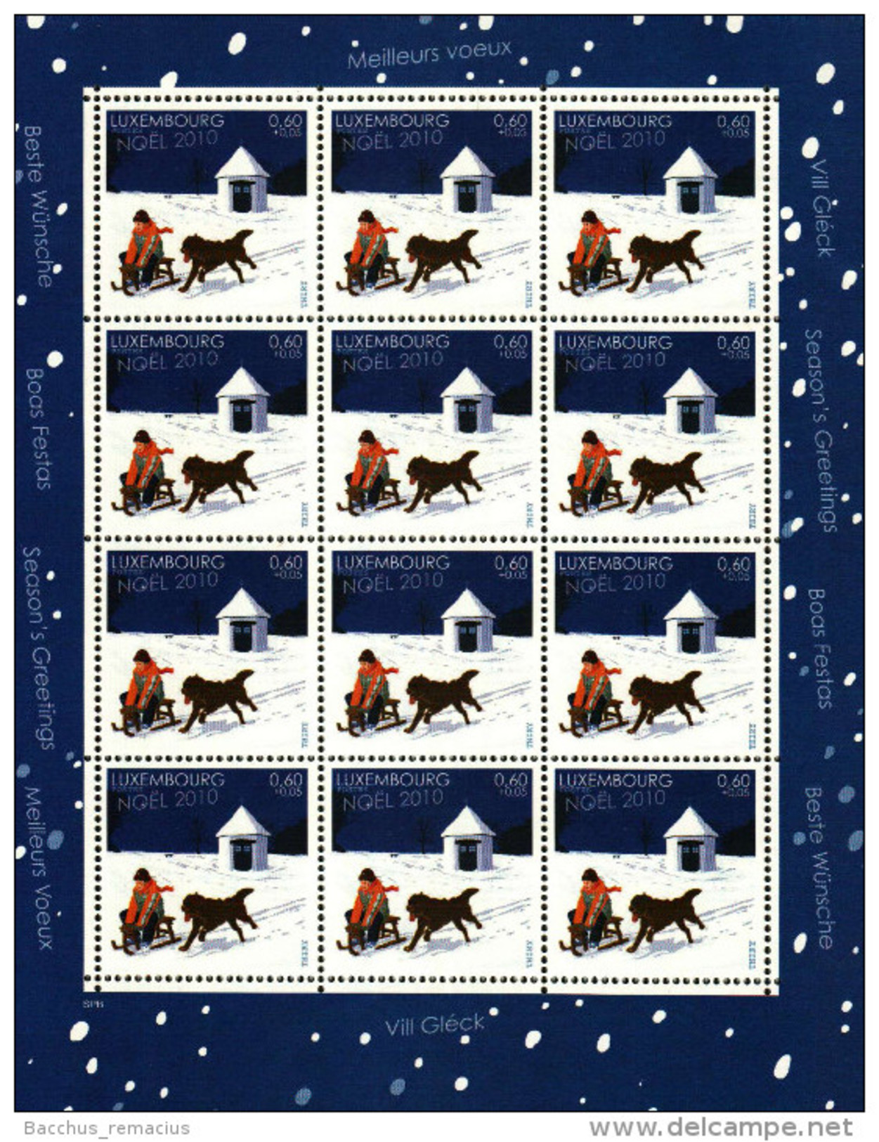 Luxembourg Feuillet De 12 Timbres à 0,60+0,05euro Enfant Et Chien En Faisant De La Luge Timbre De Bienfaisance Noel 2010 - Blokken & Velletjes