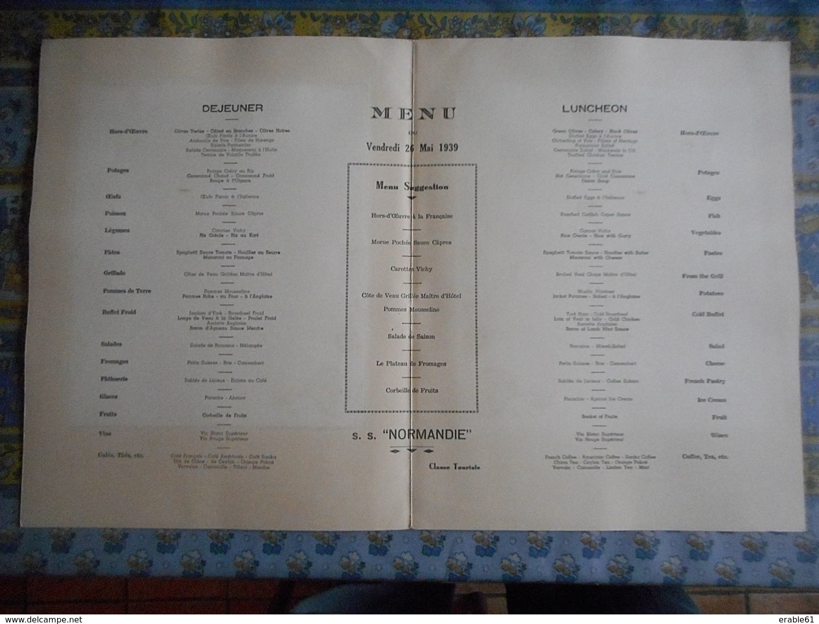 MENU PAQUEBOT NORMANDIE 26 MAI 1939 PARIS PLACE DE LA CONCORDE Compagnie Transatlantique FRENCH LINE - Menus