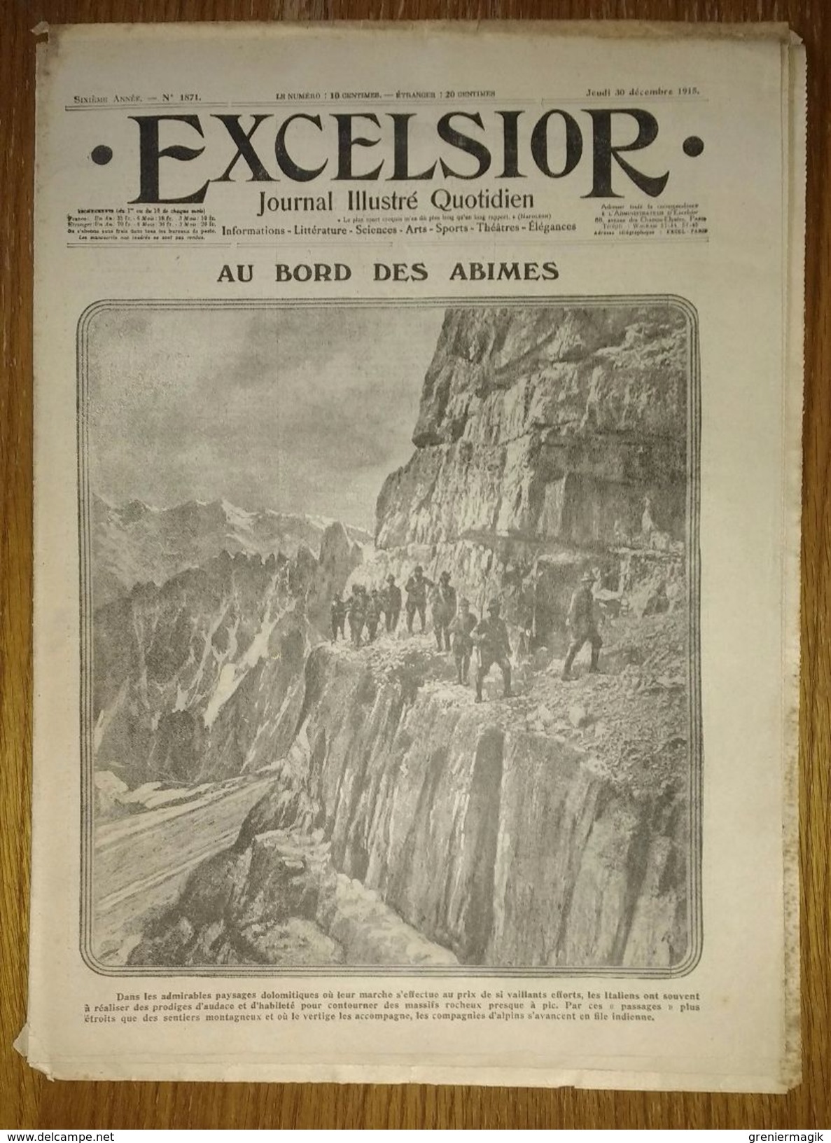 Excelsior N°1871 Du 30/12/1915 Au Bord Des Abîmes - Eugène Turpin - Grèce - San Stefano - Sports Au Voisinage Du Front - Other & Unclassified