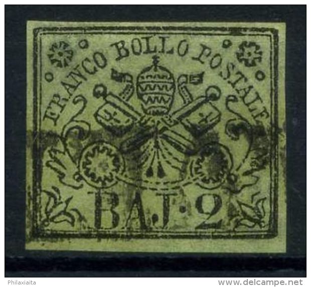 Stato Pontificio 1852 Sass. 3 Usato 100% Firmato Cardillo. 2 B. Verde Oliva - Papal States