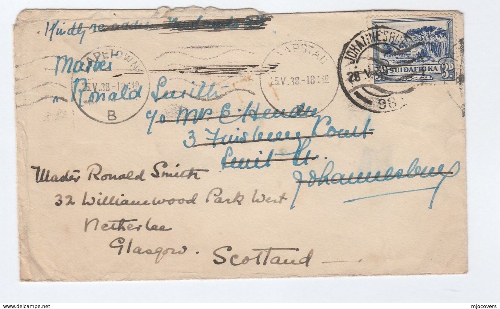 1938 SOUTH AFRICA REDIRECTED Cover To GB From Cape Town To Johannesburg To Glasgow, Stamps - Covers & Documents