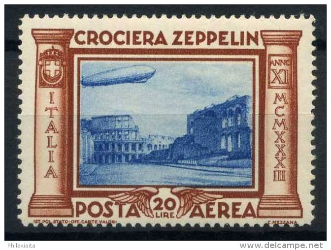 Italia Regno 1933 Sass. 50 Nuovo ** 100% Crociera Zeppelin 20 L. - Mint/hinged