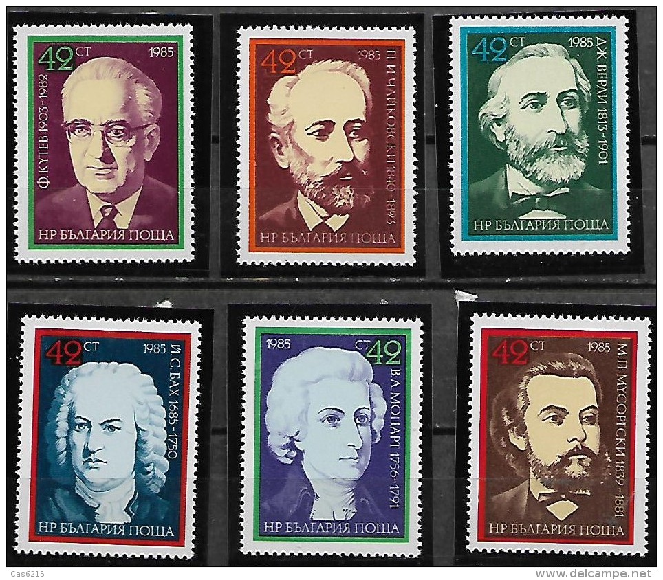 Bulgaria 1985 Compositeurs Européennes Célèbres J.S Bach Mozart Tchaikovski Moussorgsky Verdi Koutev, 6 Val Mnh - Music