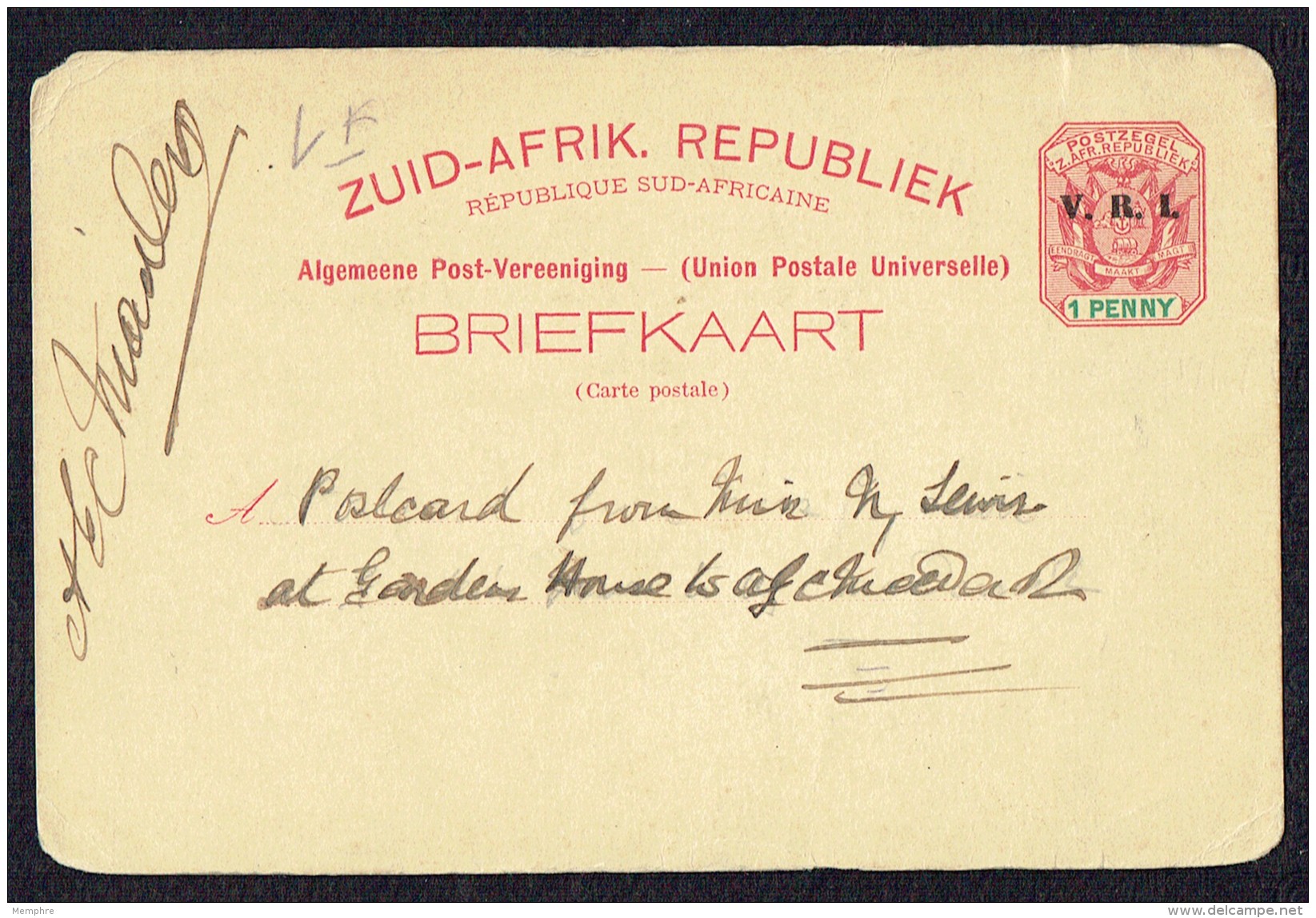 1900 Transvaal 1 Penny Postcard Overprinted V.R.I.  Used - Transvaal (1870-1909)