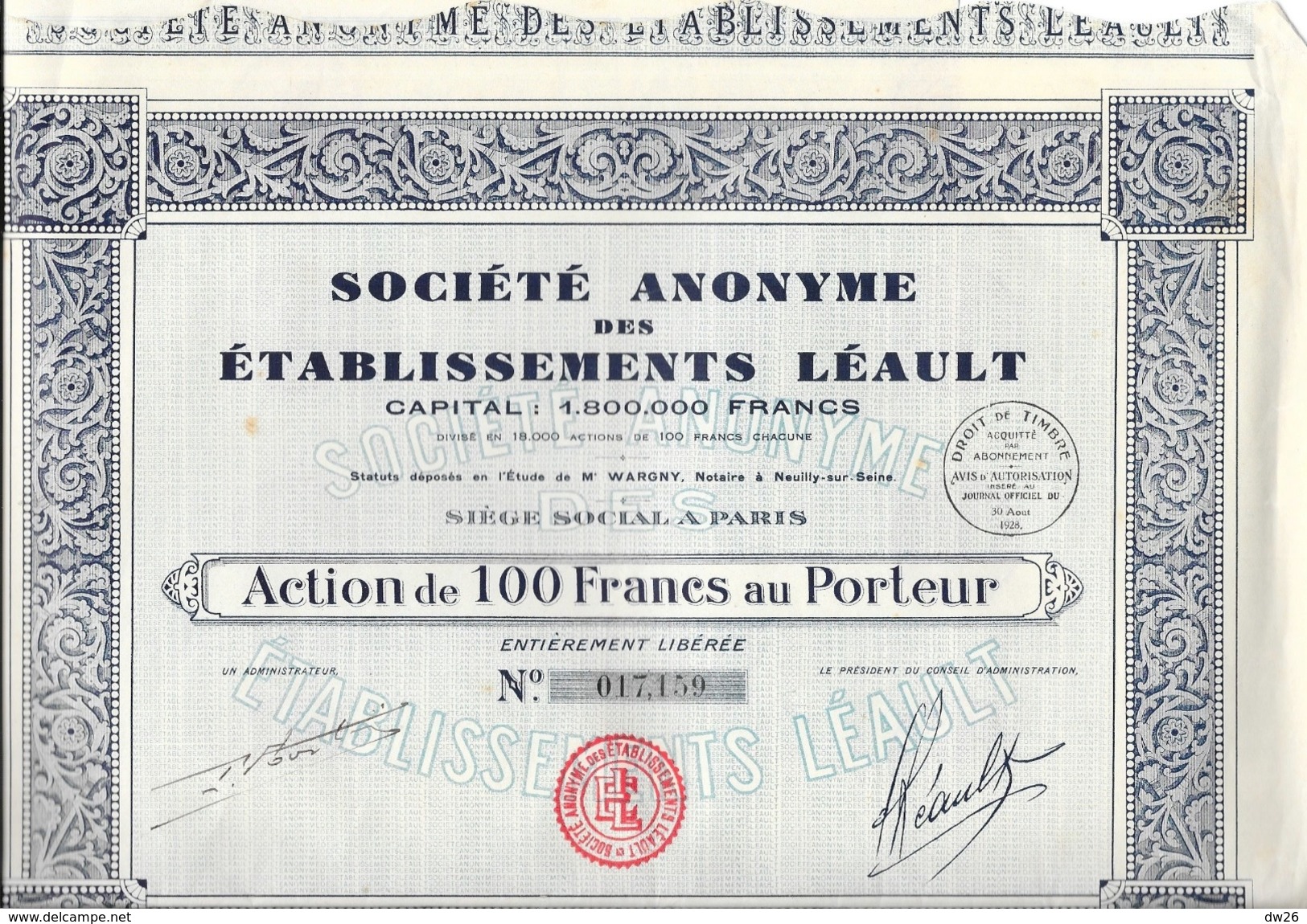 Action De Cent Franc Au Porteur - Etablissements Léault , Société Anonyme Française - J - L