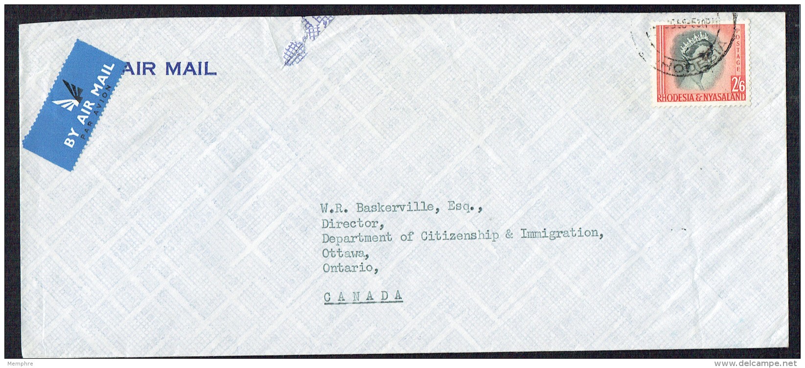 1958  Air Letter To Canada  Qn Elizabeth 2/6  SG 12 - Rodesia & Nyasaland (1954-1963)