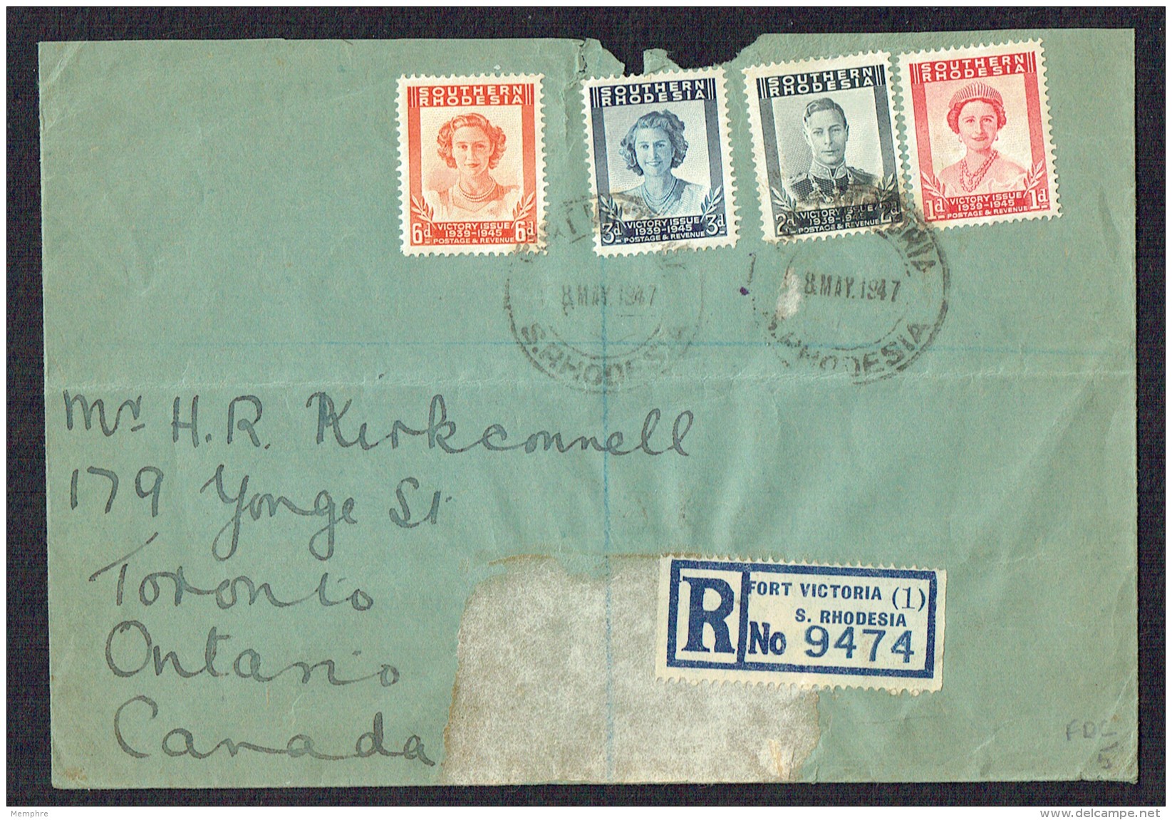 1947  Victory Issue SG 64-7   Registered FDC From Fort Victoria To Canada - Southern Rhodesia (...-1964)