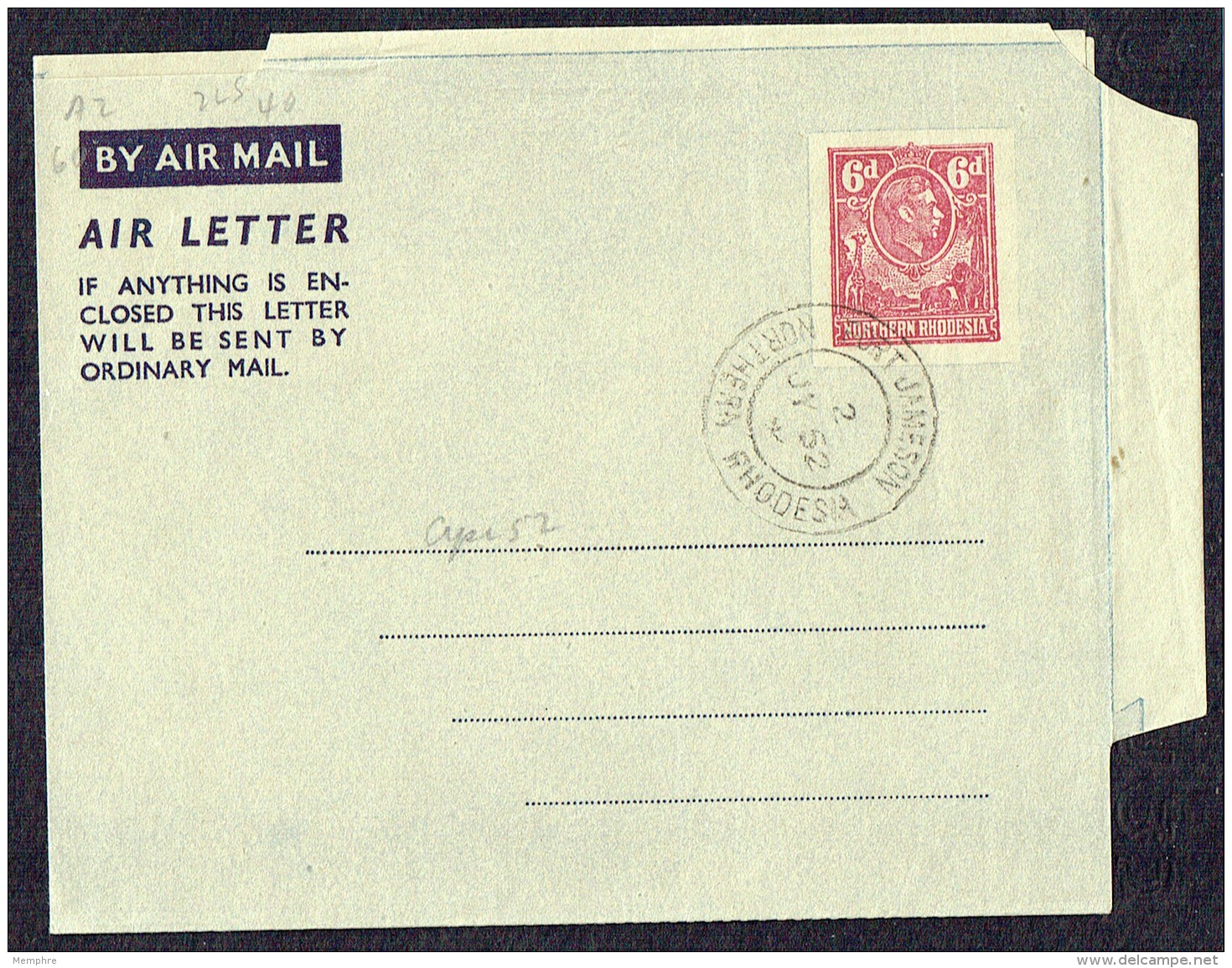 Northern Rhodesia  George VI  6d.  Air Letter - 6 Lines Of Text - Unused   Cancelled Fort Jameson - Northern Rhodesia (...-1963)