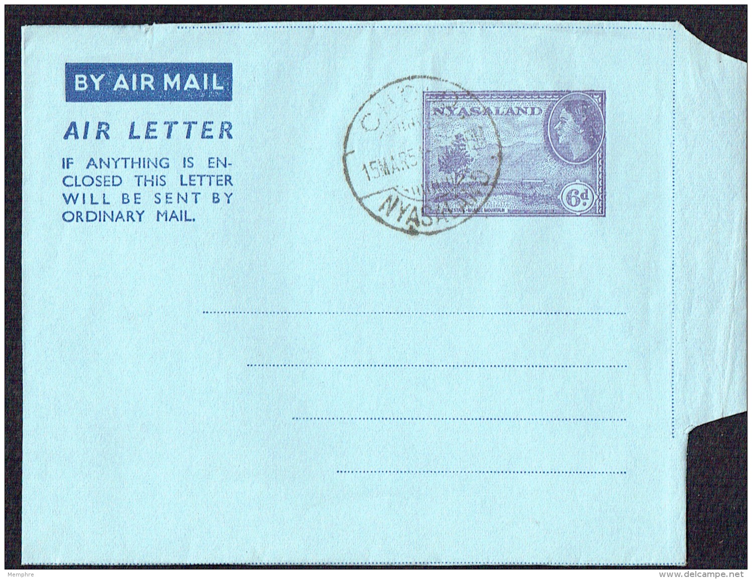 NYASSALAND  Qn Elizabeth 6d Air Letter - Unused - Cancelled  Cholo - Nyassaland (1907-1953)