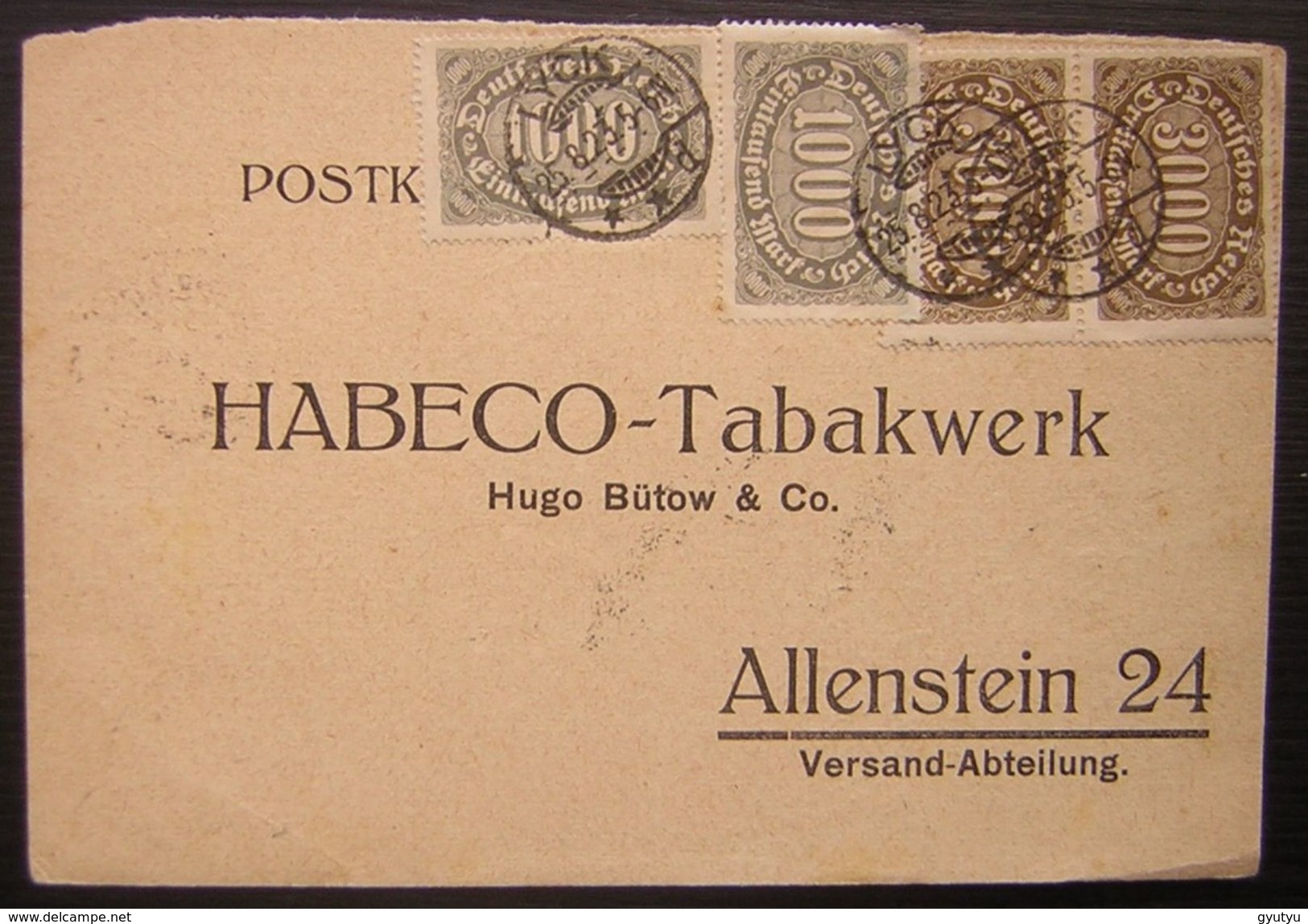 1923 Habeco-Tabakwerk Allenstein 24, Jolie Carte Affranchie à 8000 Mark (deutsches Reich) - Briefe U. Dokumente