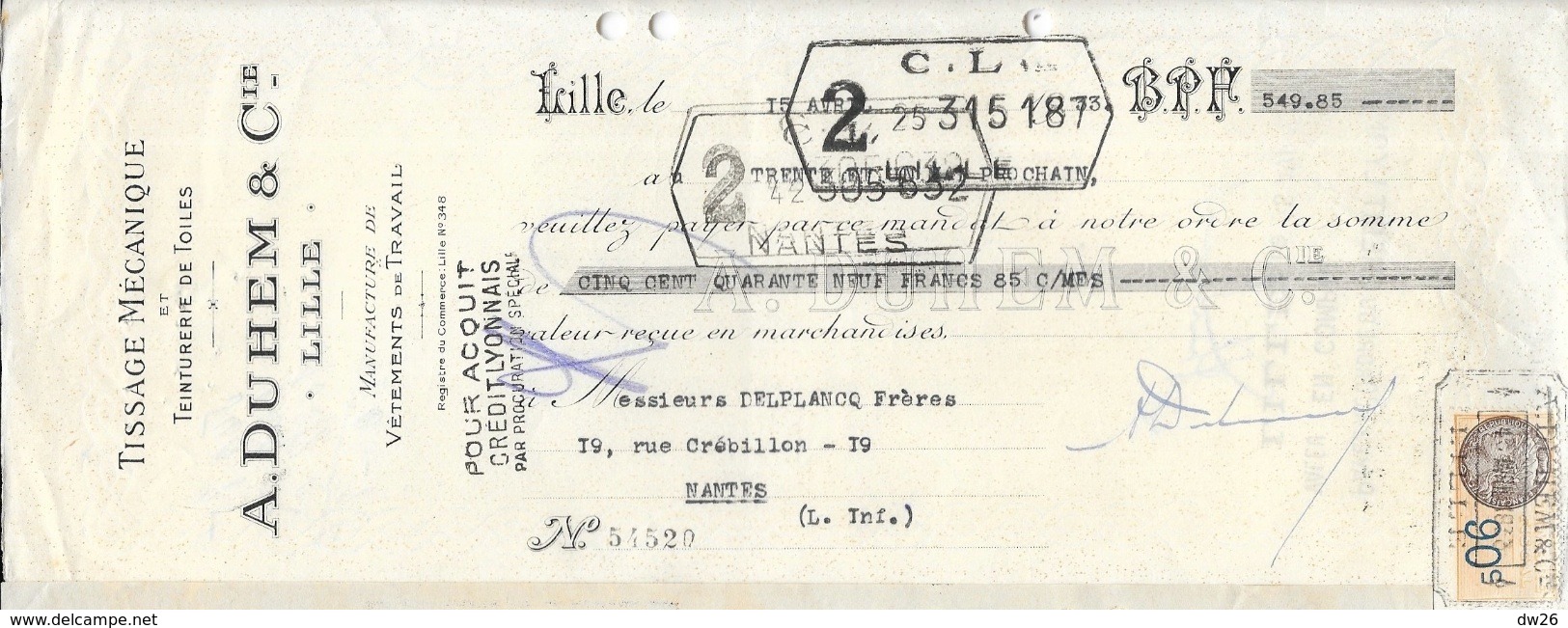 Mandat à Notre Ordre 1933 - Tissage Mécanique, Teinture De Toile A. Duhem & Cie Lille - 1900 – 1949