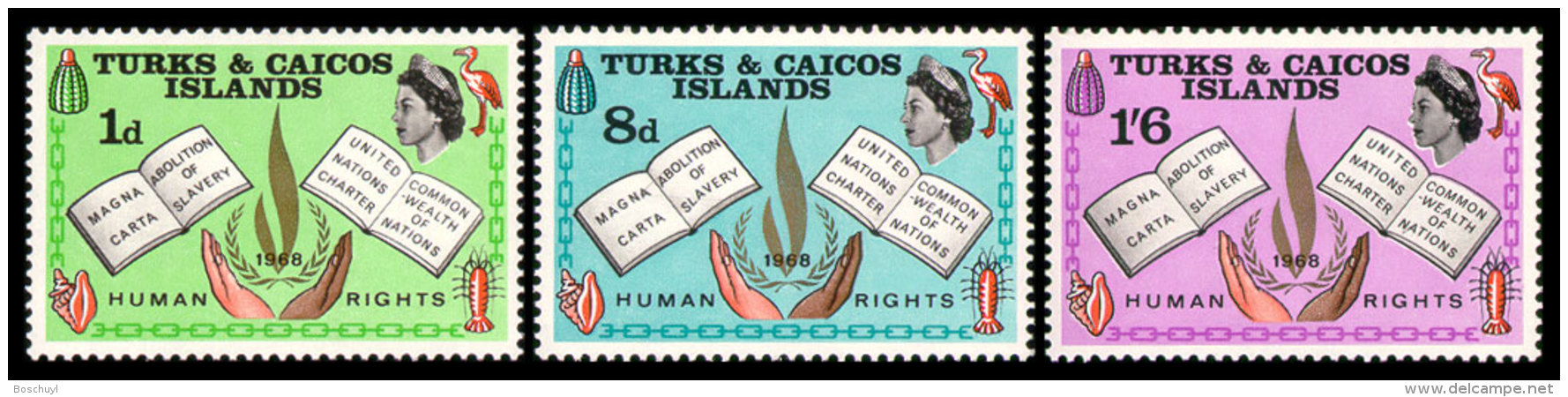 Turks And Caicos Islands, 1968, Declaration On Human Rights, United Nations, MNH, Michel 217-219 - Turks & Caicos (I. Turques Et Caïques)