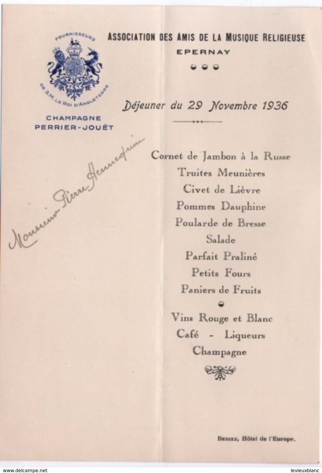 Menu/Déjeuner/Assoc. Des Amis De La Musique Religieuse/EPERNAY/Champagne Perrier-Jouët/Hennequin/1936      MENU223 - Menu