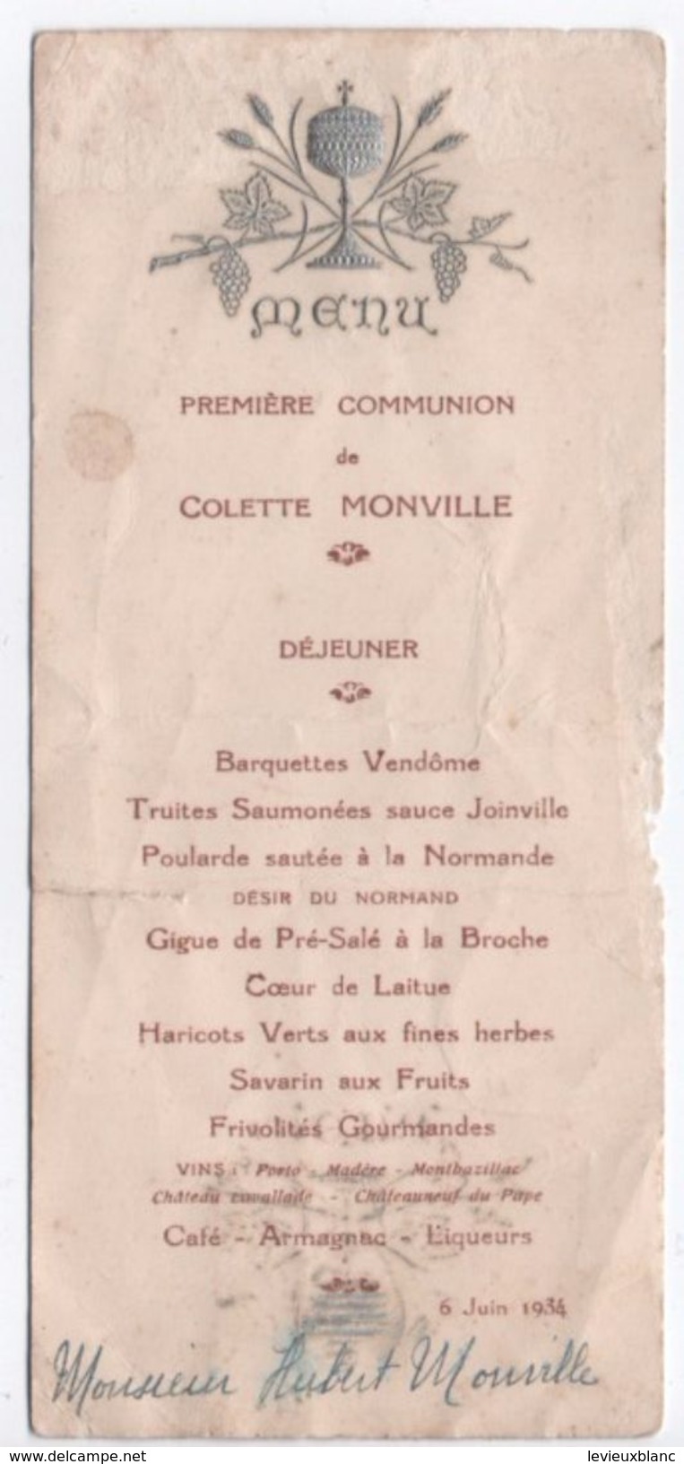 Menu/Premiére Communion/ Déjeuner/ Colette Monville//Hubert Monville/ /1934      MENU225 - Menu