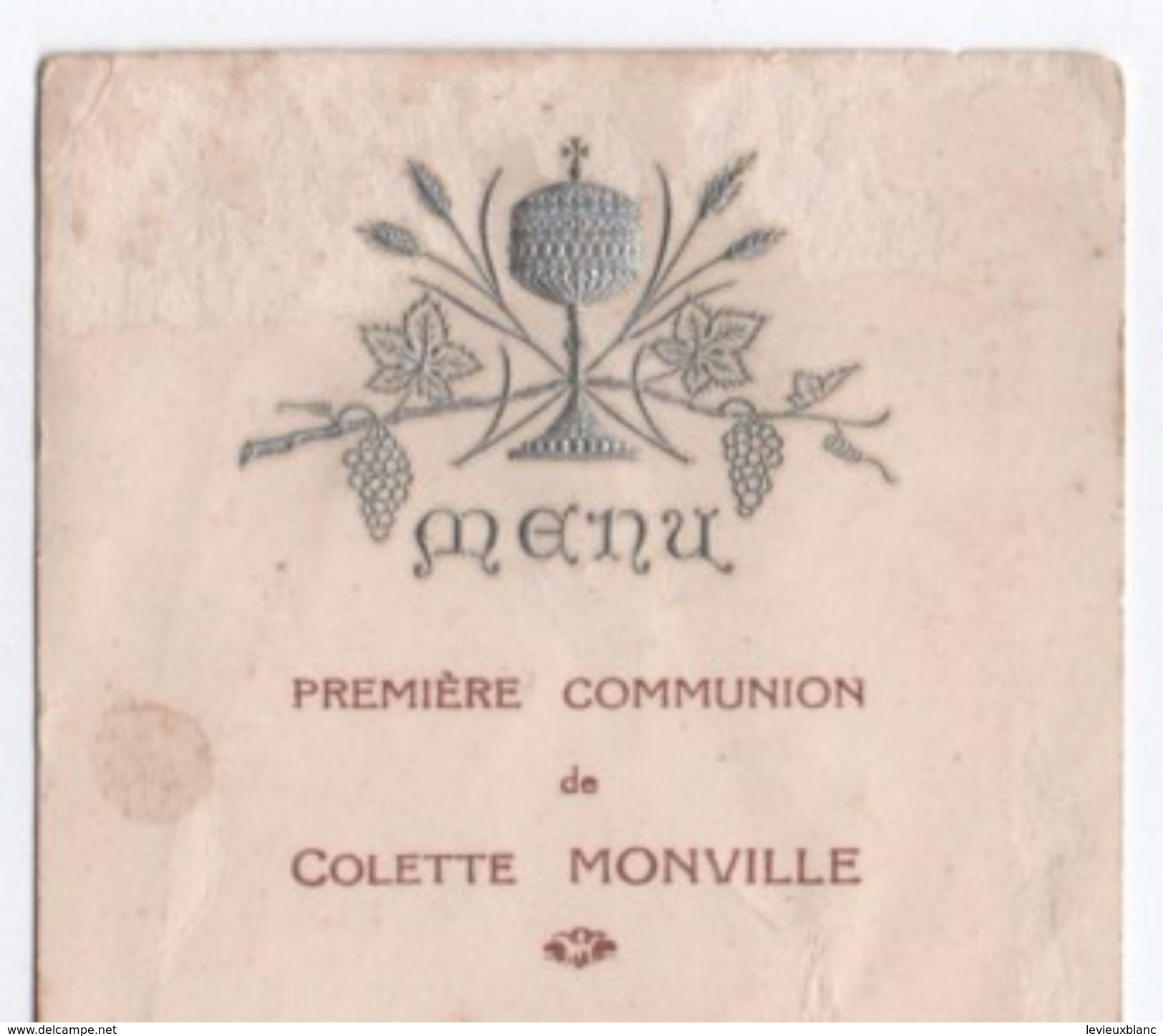 Menu/Premiére Communion/ Déjeuner/ Colette Monville//Hubert Monville/ /1934      MENU225 - Menu