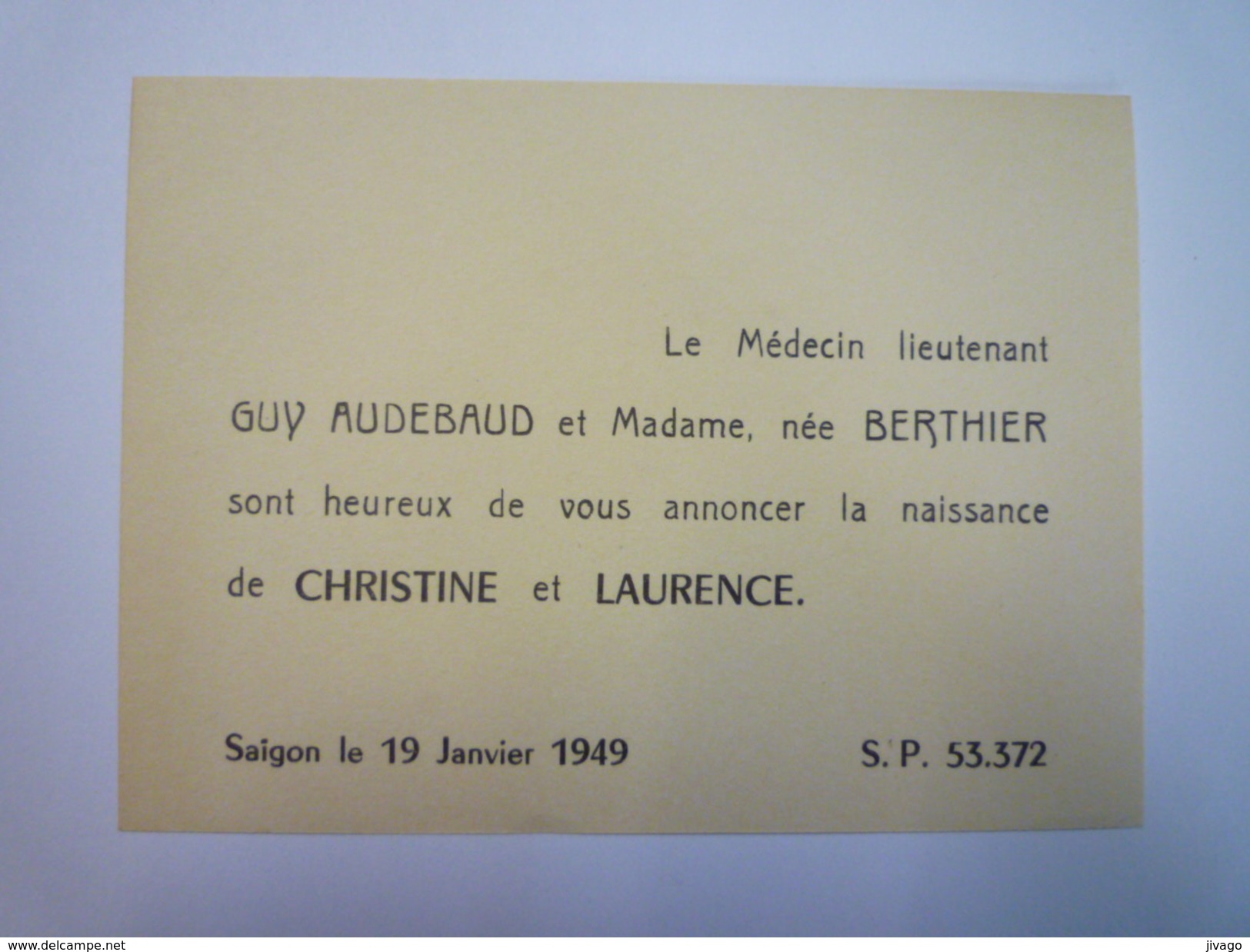 SAÏGON  19 Janvier  1949  :  FAIRE-PART  De Naissance De  Christine Et Laurence  AUDEBAUD    - Geboorte & Doop