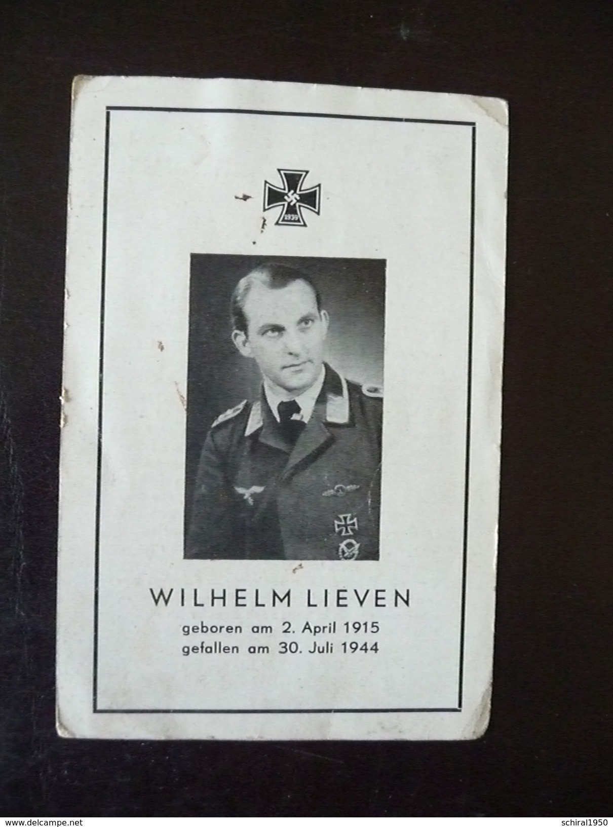 Sterbezettel Deutscher Soldat Oberfeldwebel Der Luftwaffe Fliegertod 1944 Geboren In Sindsteden Rommerskirchen - Other & Unclassified