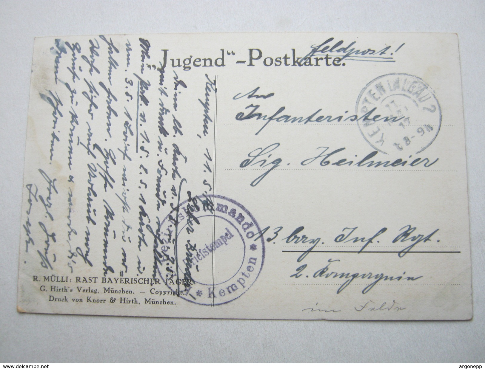 1917 , KEMPTEN , Klarer Stempel Auf Karte Mit Truppensiegel - Feldpost (Portofreiheit)